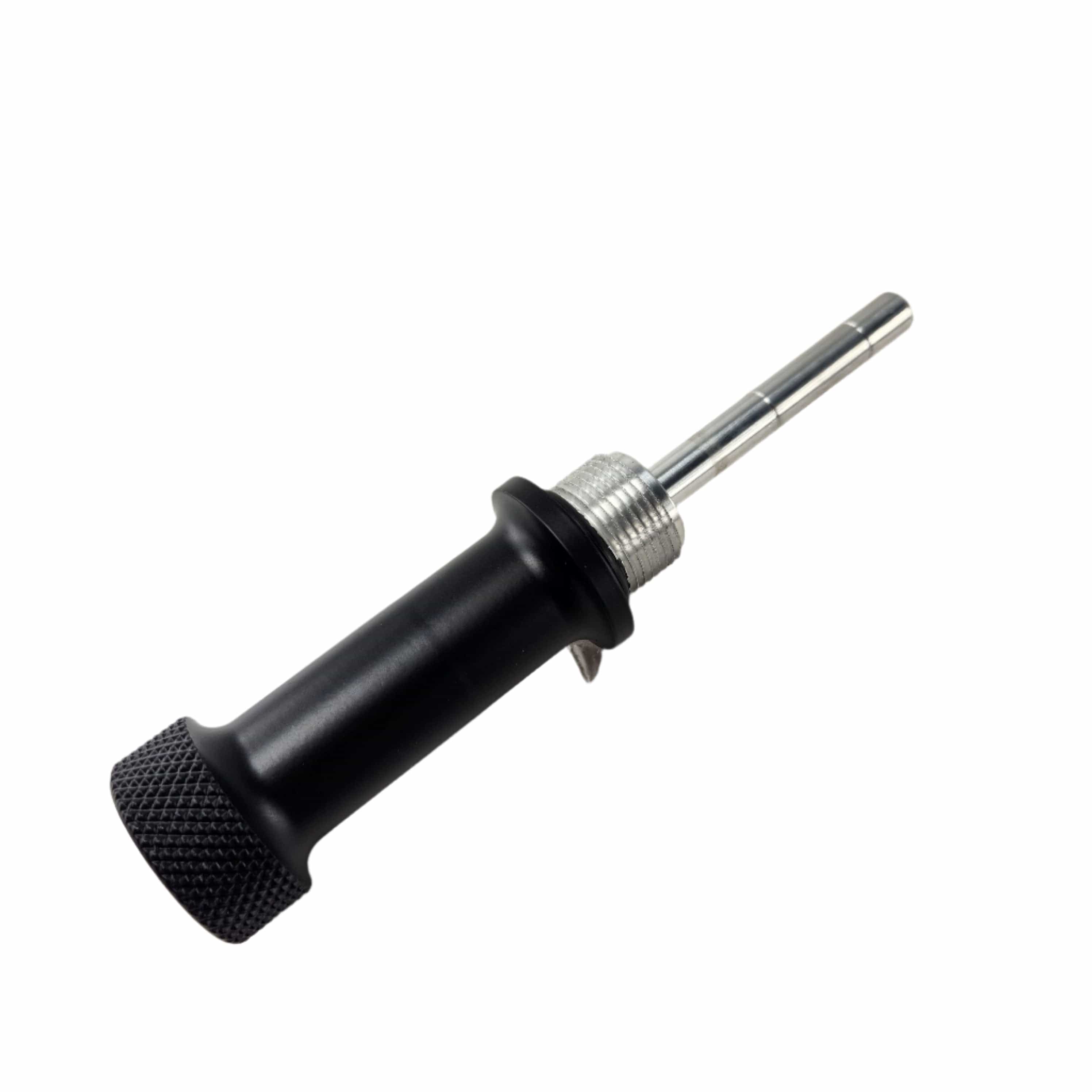 The Oil Dipstick Solid Black by Taylor Specialties is a billet aluminum tool with a black textured grip and silver shaft, featuring a threaded section and smooth tip, designed for Victory motorcycle oil dipsticks.