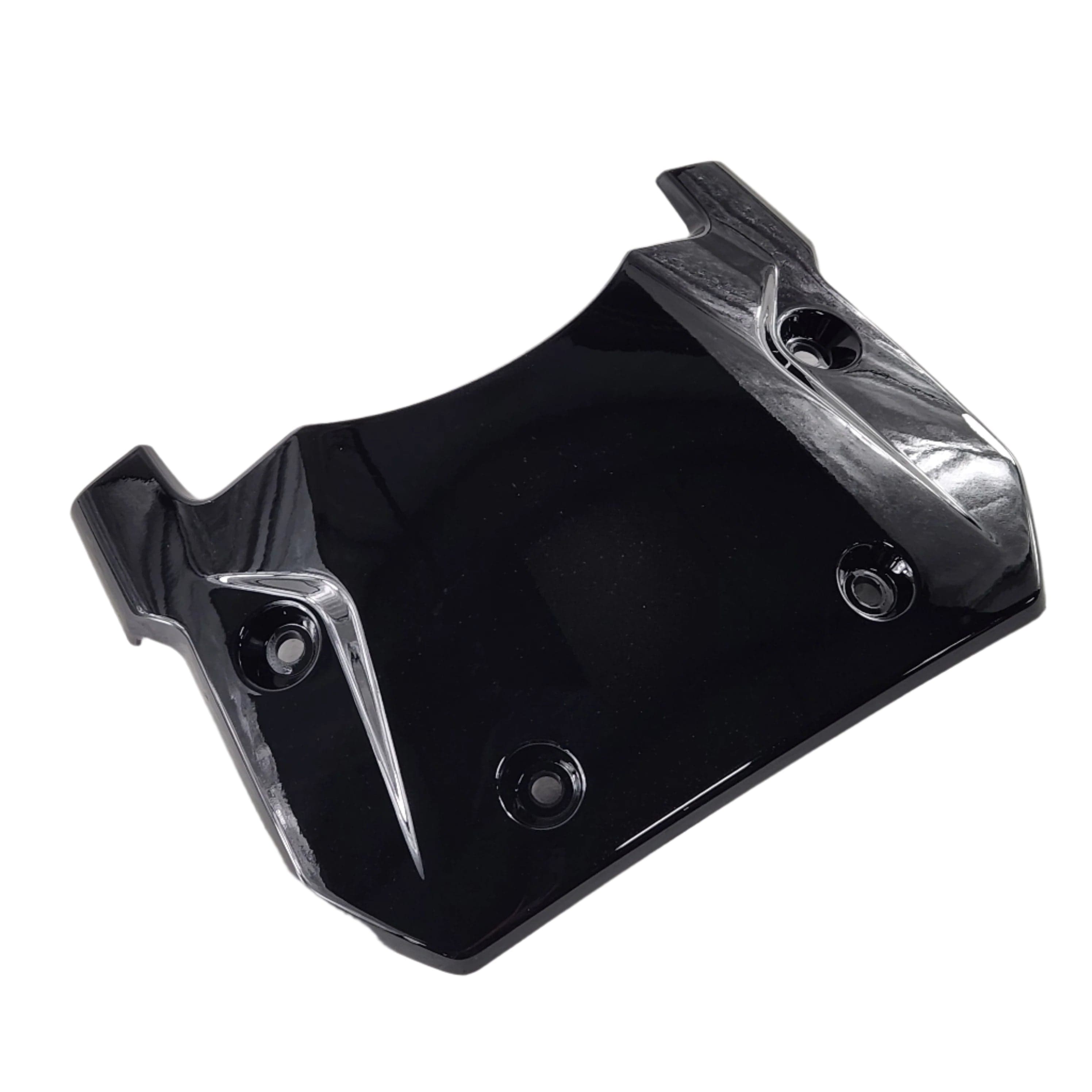 The Number-Plate, Onyx Black [Black] by Polaris is a genuine OEM part featuring glossy black plastic, four screw holes, and raised angular edges—perfect for your automotive or motorcycle needs. Photographed on a white background.