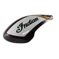 The Cvr-Airbox,LH,Cf,R2R,Gx by Polaris is a white and black fuel tank cover for Indian motorcycles, featuring bold Indian script, a glossy finish, and red/gold accents—ideal as an OEM Indian Polaris parts upgrade.
