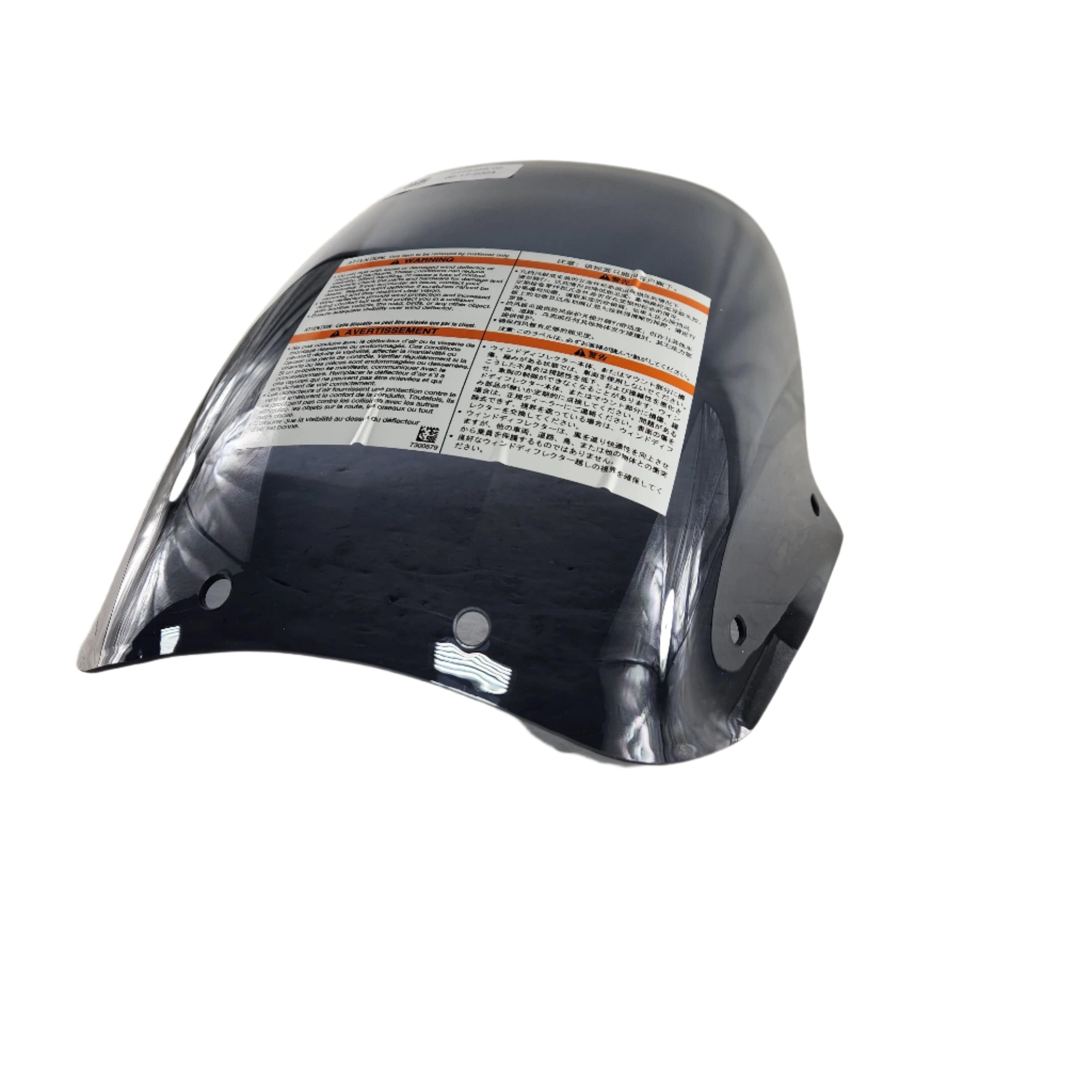 A tinted Cowl Wind Defl-Bobclub by Polaris, compatible with OEM Indian Polaris parts, displays multilingual warning and instruction labels on its surface, shown against a white background.