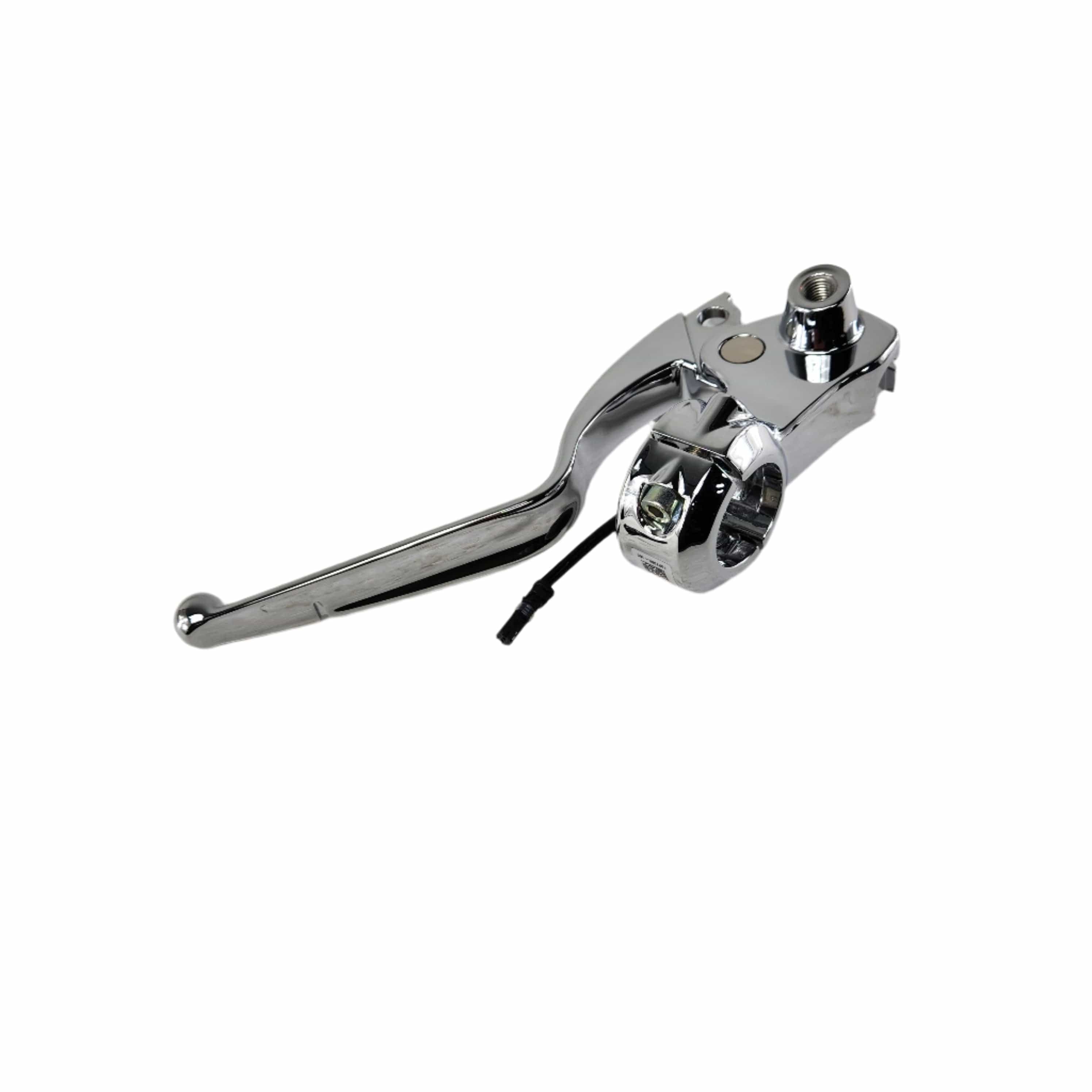 A genuine Asm-Clutch Lever Bracket Chr by Polaris for Indian motorcycles, featuring a chrome finish, handle, and attached wiring—OEM Indian Polaris part, shown isolated on a white background.