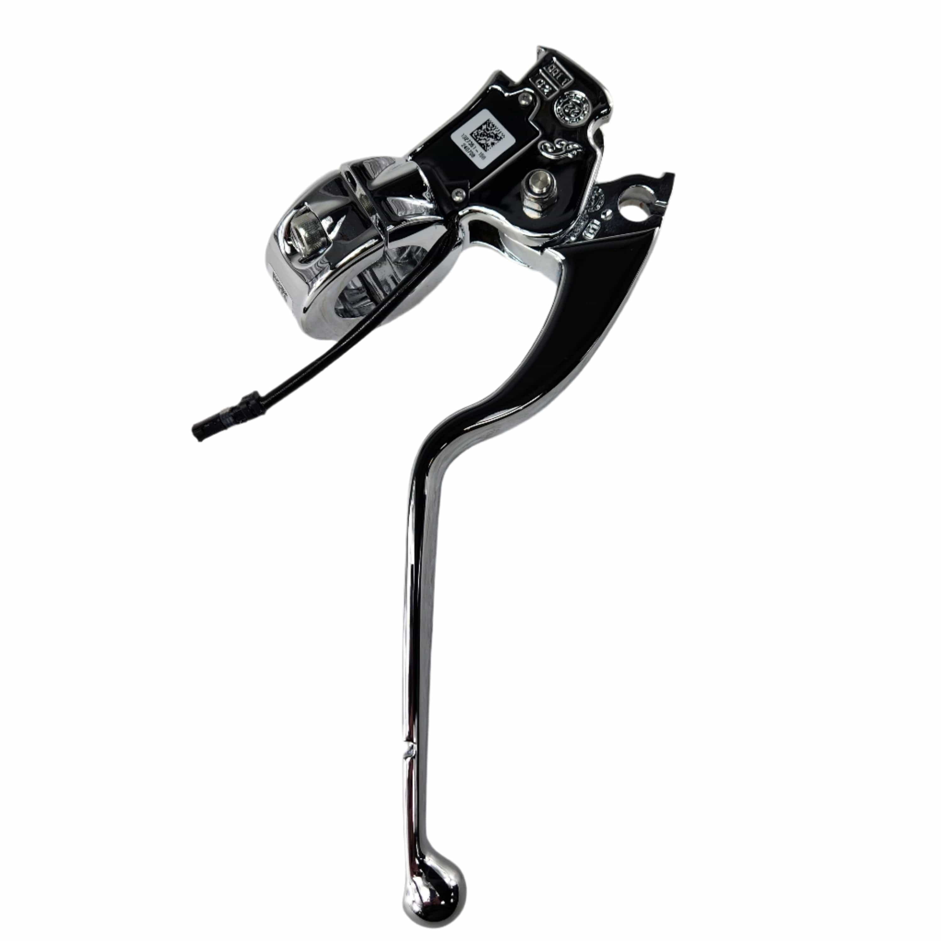 A chrome Assembly Clutch Lever Bracket by Polaris with a curved handle and mounting bracket, inspired by OEM Indian Polaris parts, is displayed on a white background.