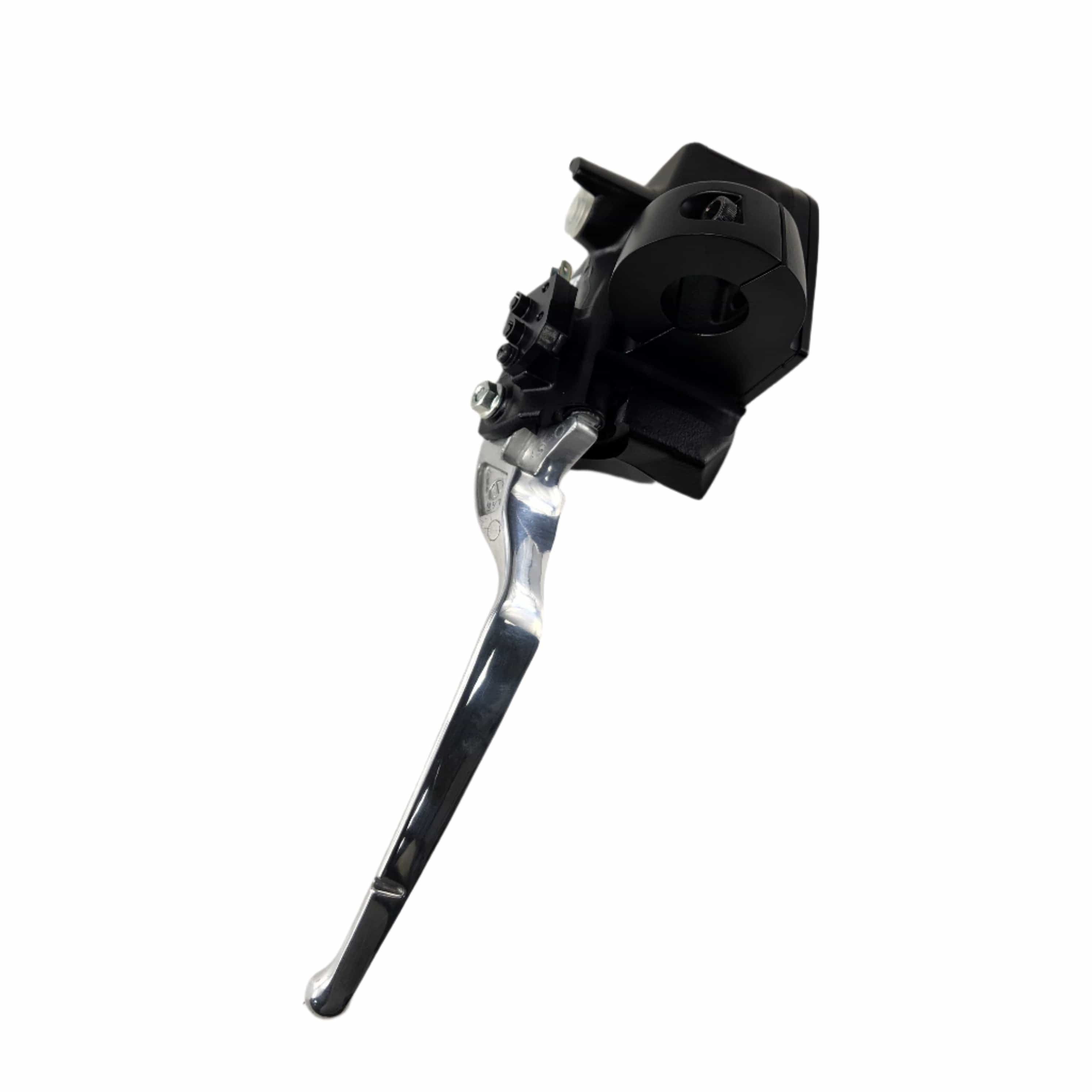 A close-up of the Master Cylinder Front Black Non Adjustable Black by Polaris, a metal and black motorcycle brake lever assembly with master cylinder, isolated on white background. Perfect OEM replacement for Victory or Polaris motorcycles.