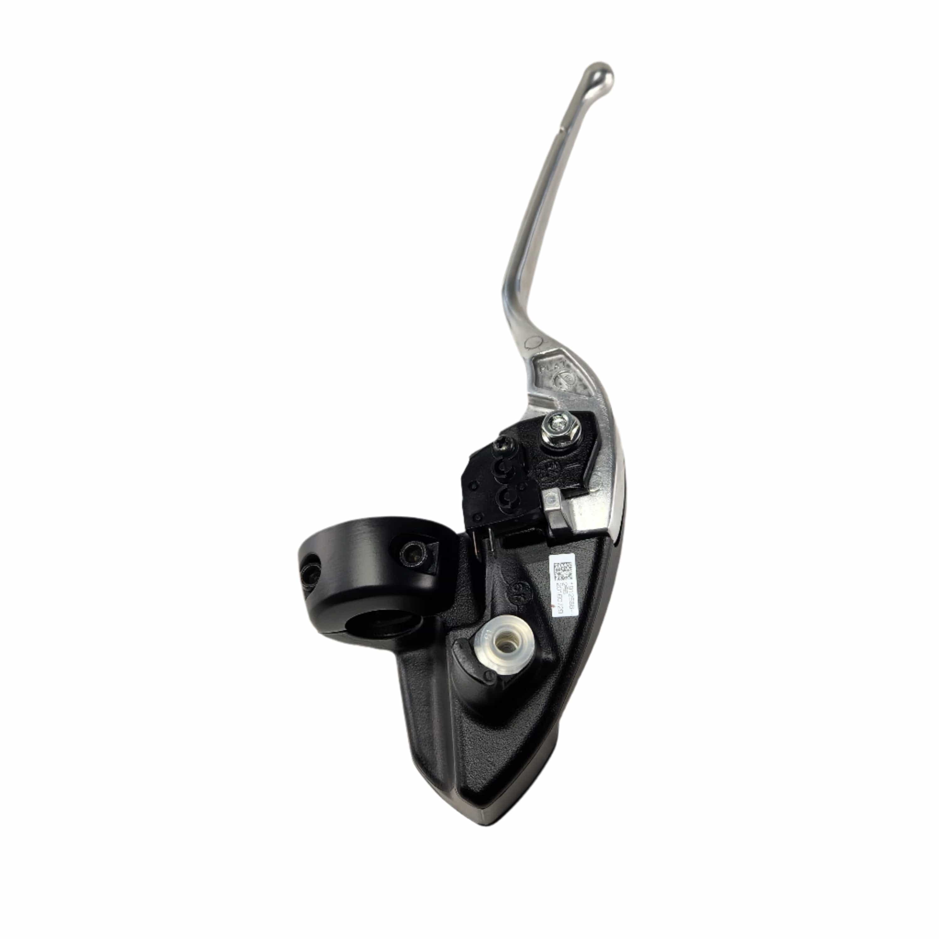 A close-up view of a black and metallic motorcycle clutch lever assembly, featuring the Master Cylinder Front Black Non Adjustable Black by Polaris, set against a plain white background.