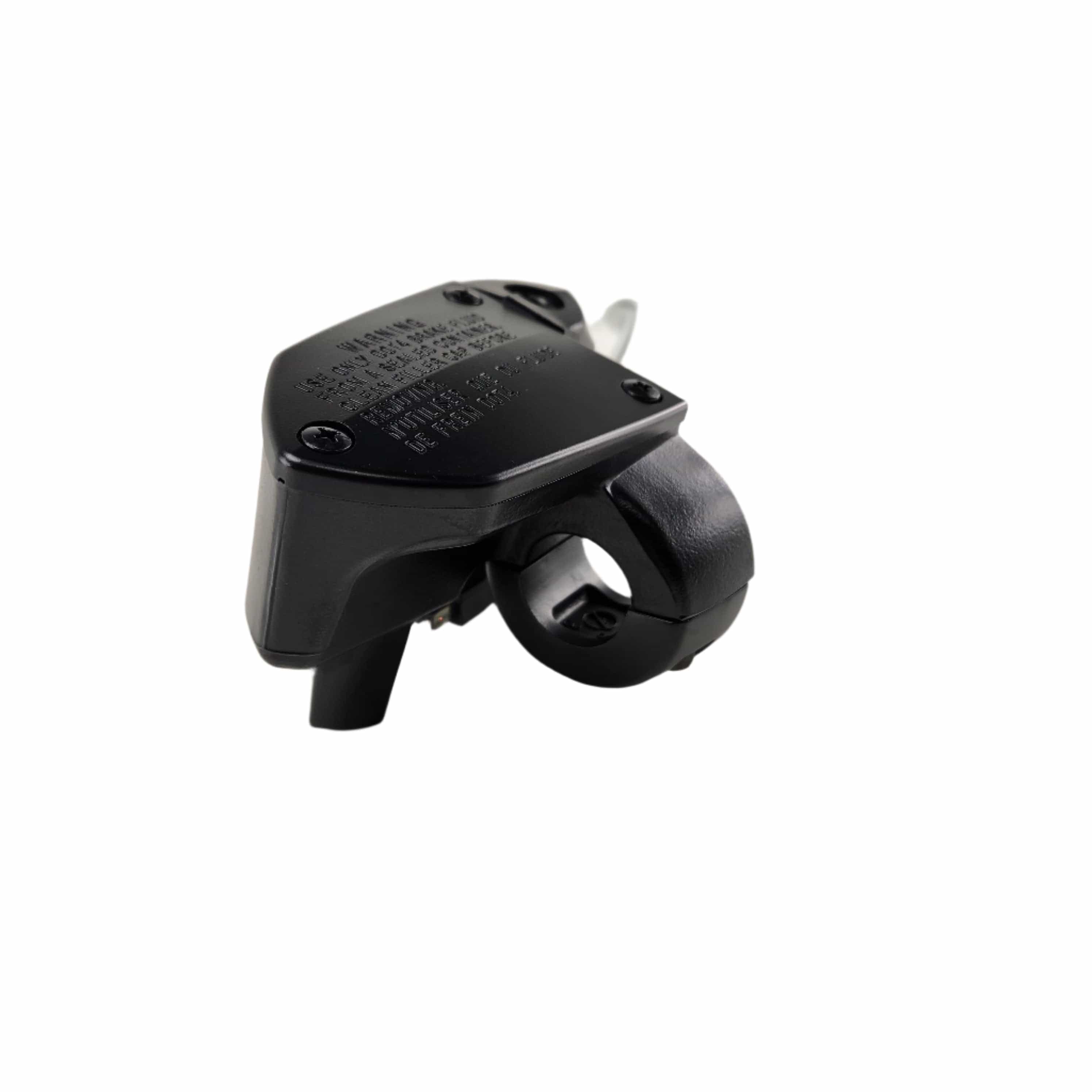 A close-up of the Master Cylinder Front Black Non Adjustable by Polaris, a black plastic mechanical lever with a clamp for handlebar attachment, shown against a white background.