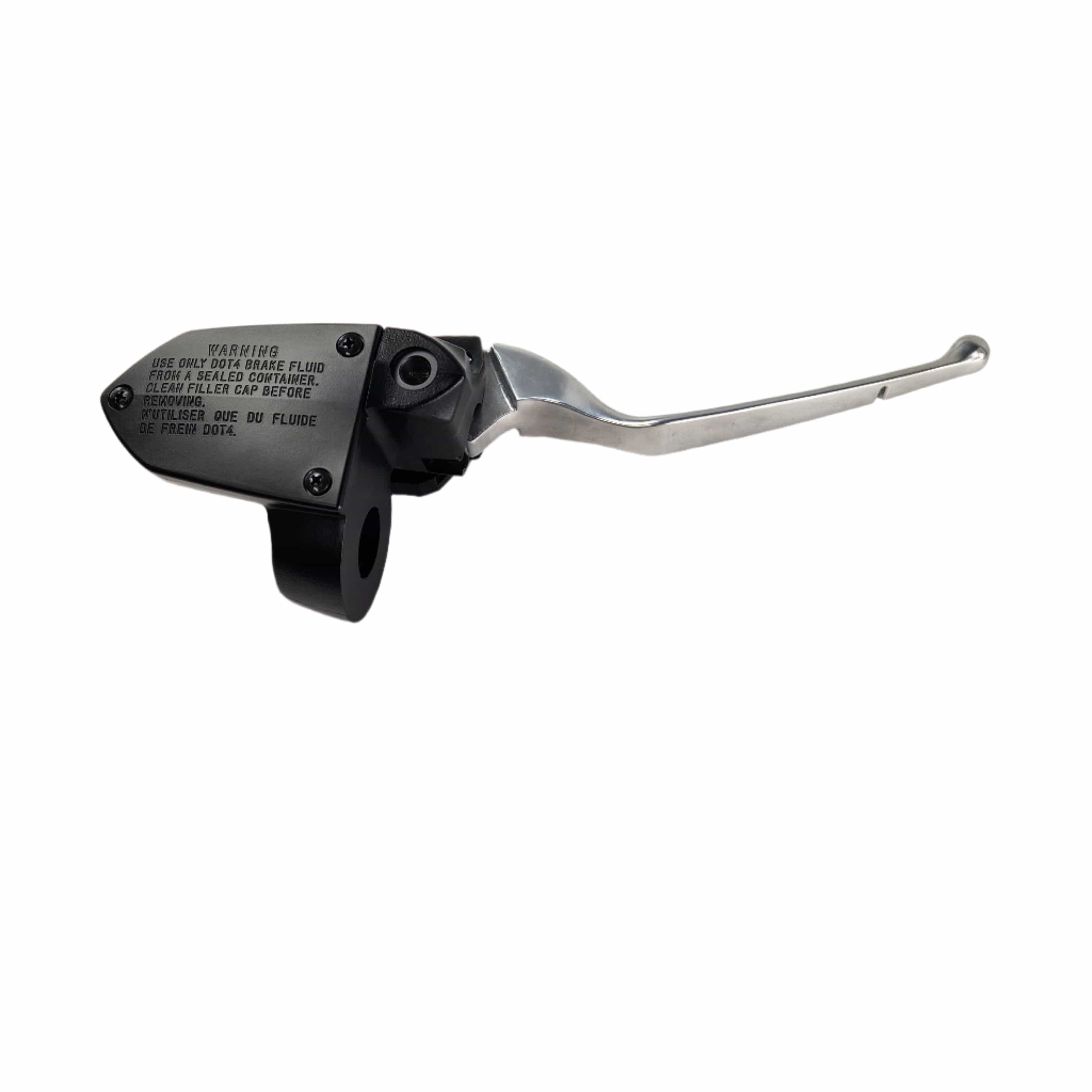 A Master Cylinder Front Black Non Adjustable Black by Polaris with a silver brake lever and OEM Victory warning label on the reservoir, displayed against a white background.