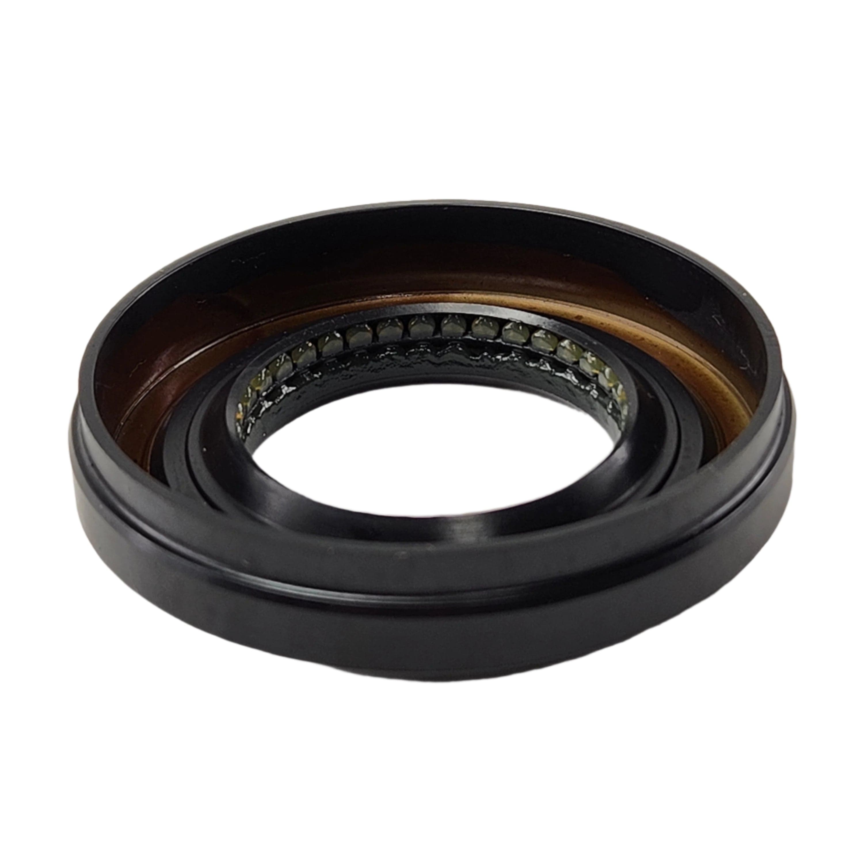 A close-up of the Seal-Oil by Kawasaki, a circular black rubber oil seal with an inner metal spring, essential for sealing rotating shafts in machinery and as a key Kawasaki OEM part for off-road vehicles.