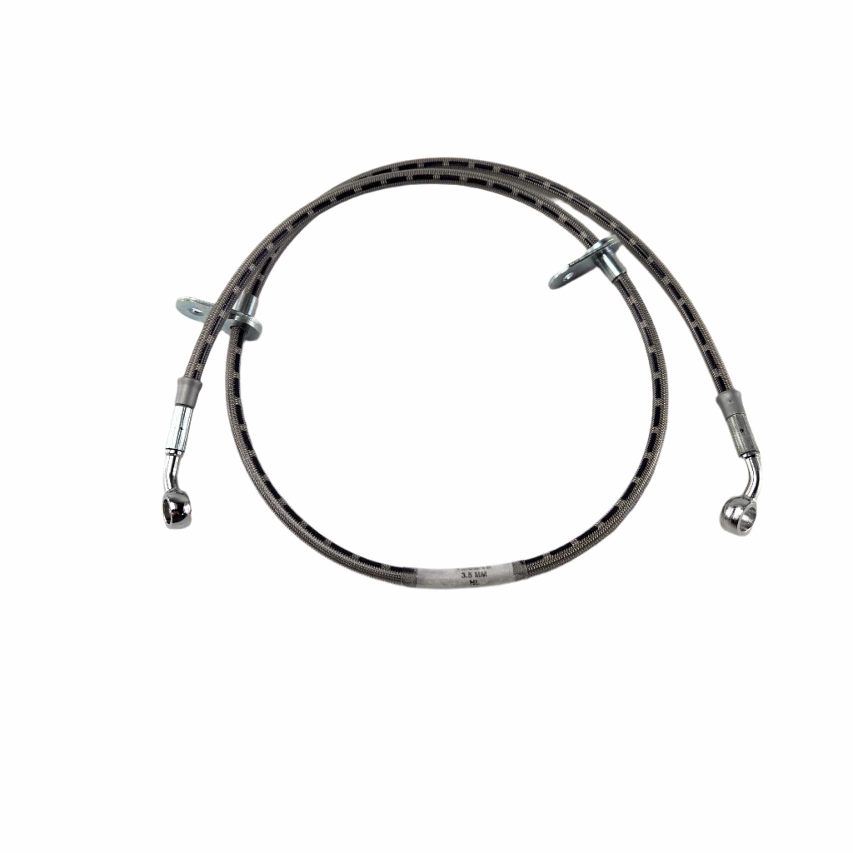 The Hose, Brake, Front, Std by Polaris is a flexible braided metal brake hose with metal fittings at both ends, shown in a loose circle on a white background—perfect as an OEM Victory motorcycle part.