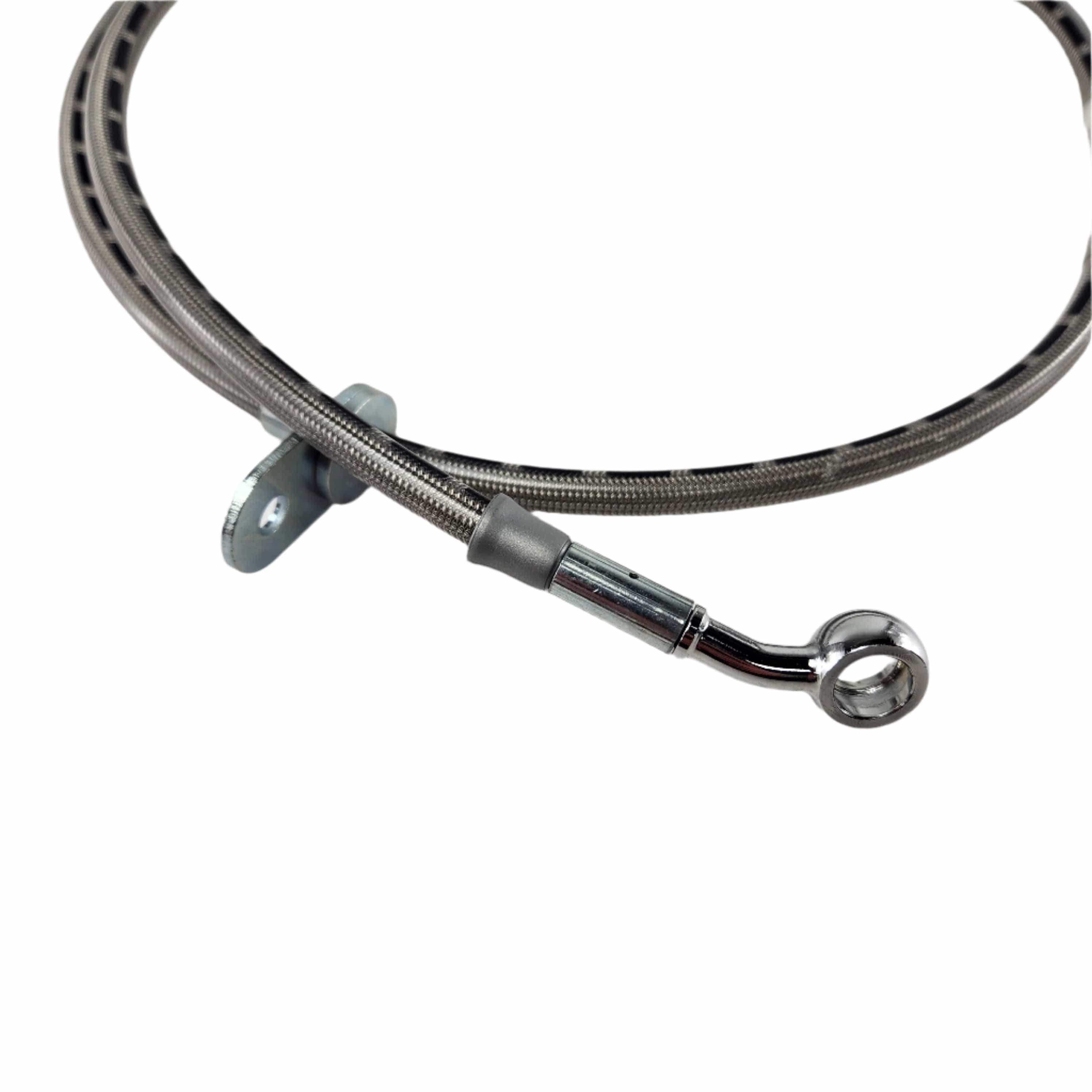 The Hose, Brake, Front, Std by Polaris is a braided stainless steel brake hose with a metal banjo fitting and mounting bracket for Victory motorcycles, shown on a white background. Ideal as a reliable OEM Victory parts replacement.