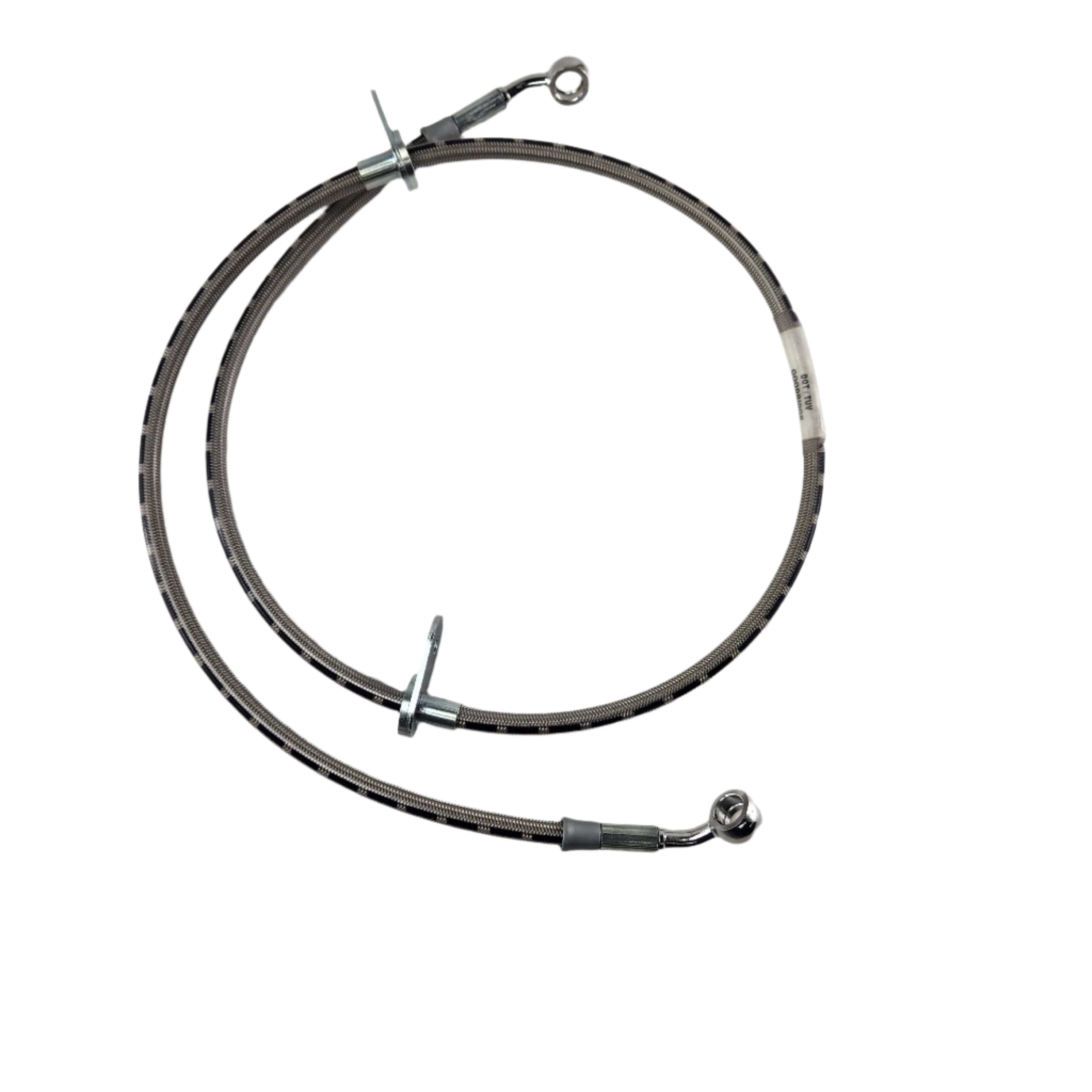 A neatly coiled Hose, Brake, Front, Std by Polaris with metal fittings and two mounting brackets—ideal for anyone looking for OEM Victory parts for their Victory motorcycle.