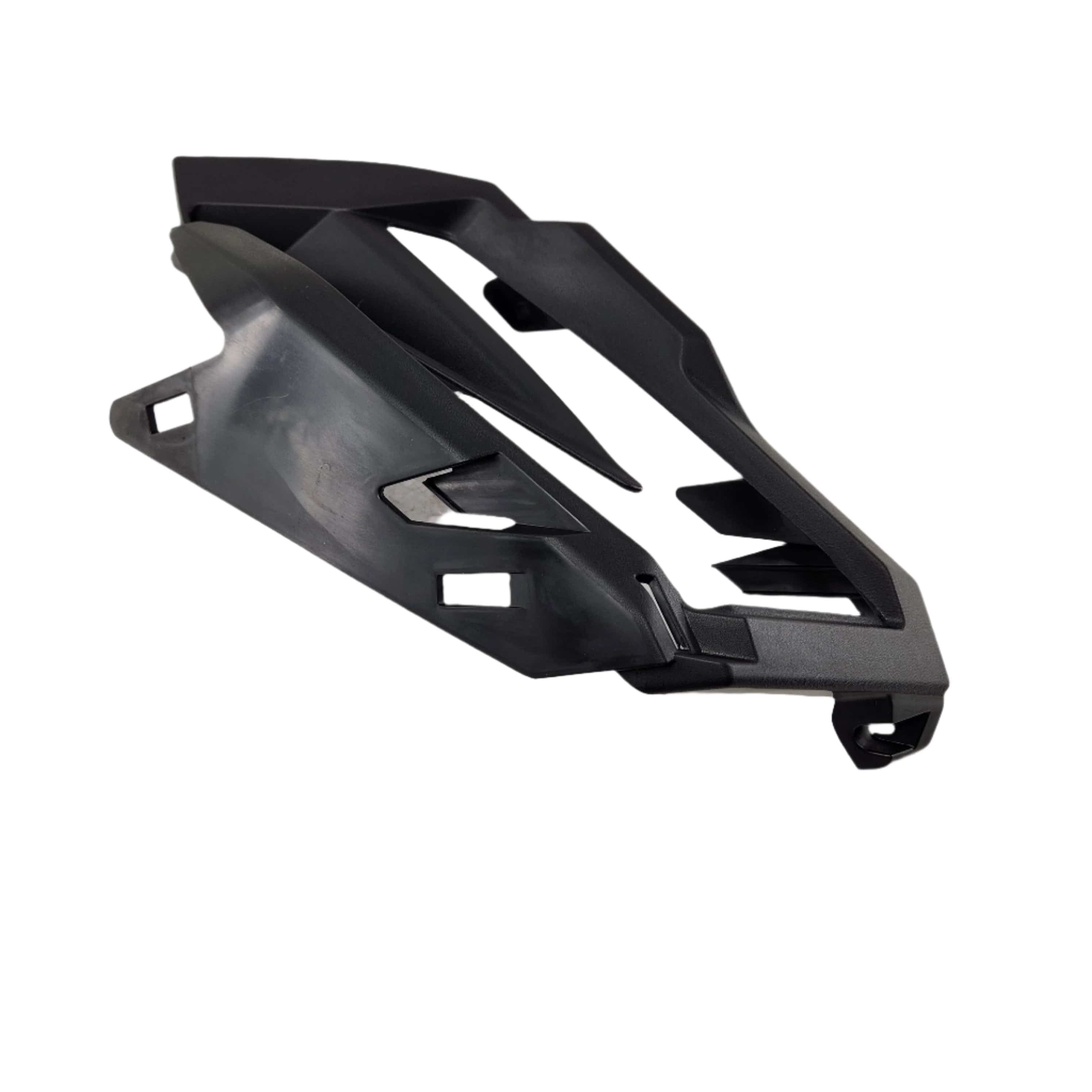 The RH Rear Lateral Cover by Can-Am is a black angular plastic part with cutouts and sharp edges, photographed on a white background—ideal as an ATV replacement accessory or for use with Can-Am OEM parts.