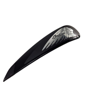 The Tank Badge RH,DH by Polaris is a black motorcycle fender tip featuring a silver Indian logo and a profile of a Native American chief in a feathered headdress, engraved in a style reminiscent of classic Victory Polaris OEM designs.