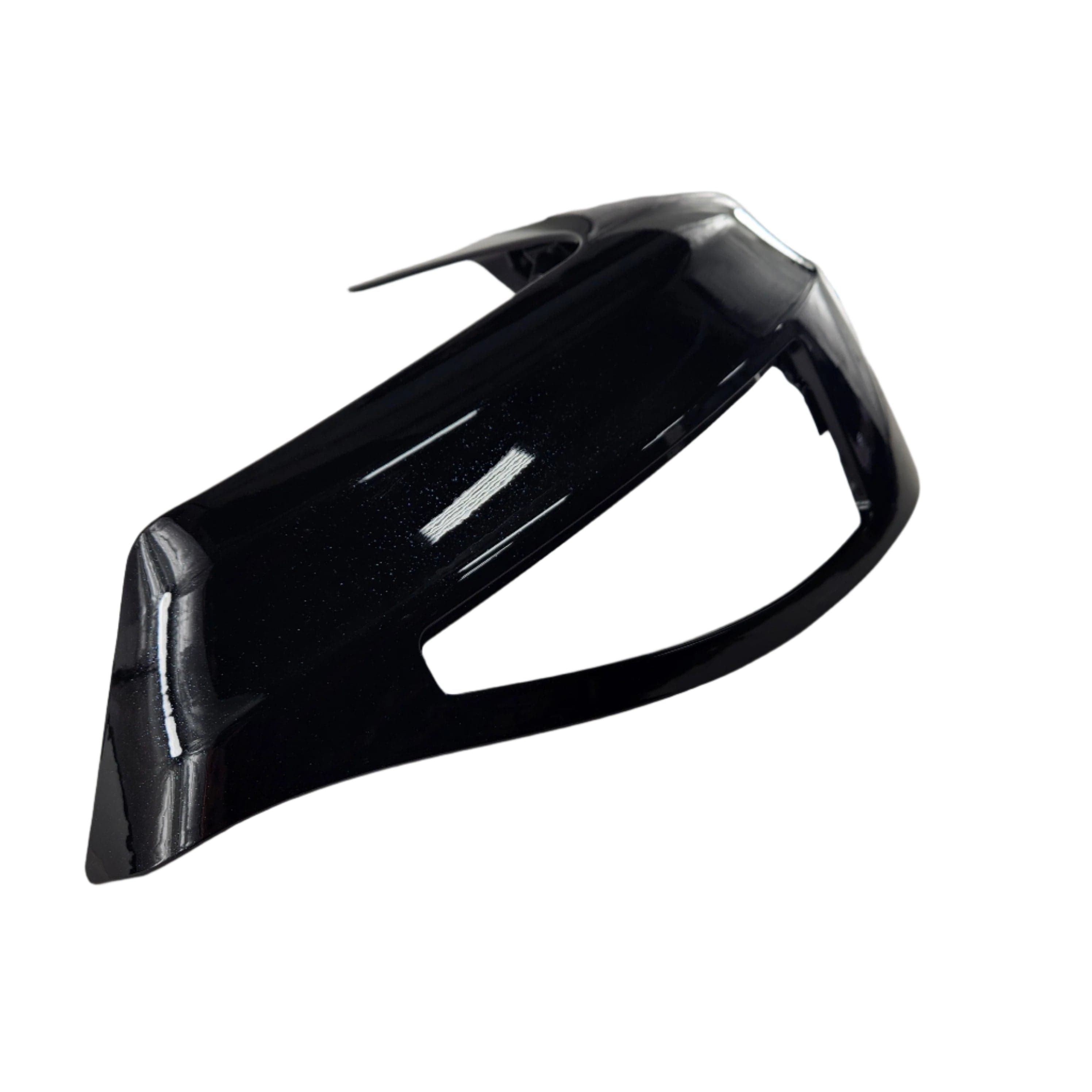 A glossy black Fairing-Lower Outer RH Blackvcrz by Polaris, featuring a curved design and open section, similar to those on Indian motorcycles, is photographed against a white background.