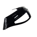 A glossy black Fairing-Lower Outer RH Blackvcrz by Polaris, featuring a curved design and open section, similar to those on Indian motorcycles, is photographed against a white background.