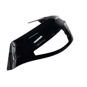 A glossy black Fairing-Lower Outer RH Blackvcrz by Polaris, featuring a curved design and open section, similar to those on Indian motorcycles, is photographed against a white background.