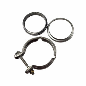 The Clamp-V Band by Polaris is a metal exhaust clamp with a bolt and two circular rings (one worn), displayed on white—perfect for replacing parts on Indian Motorcycles or Polaris vehicles.