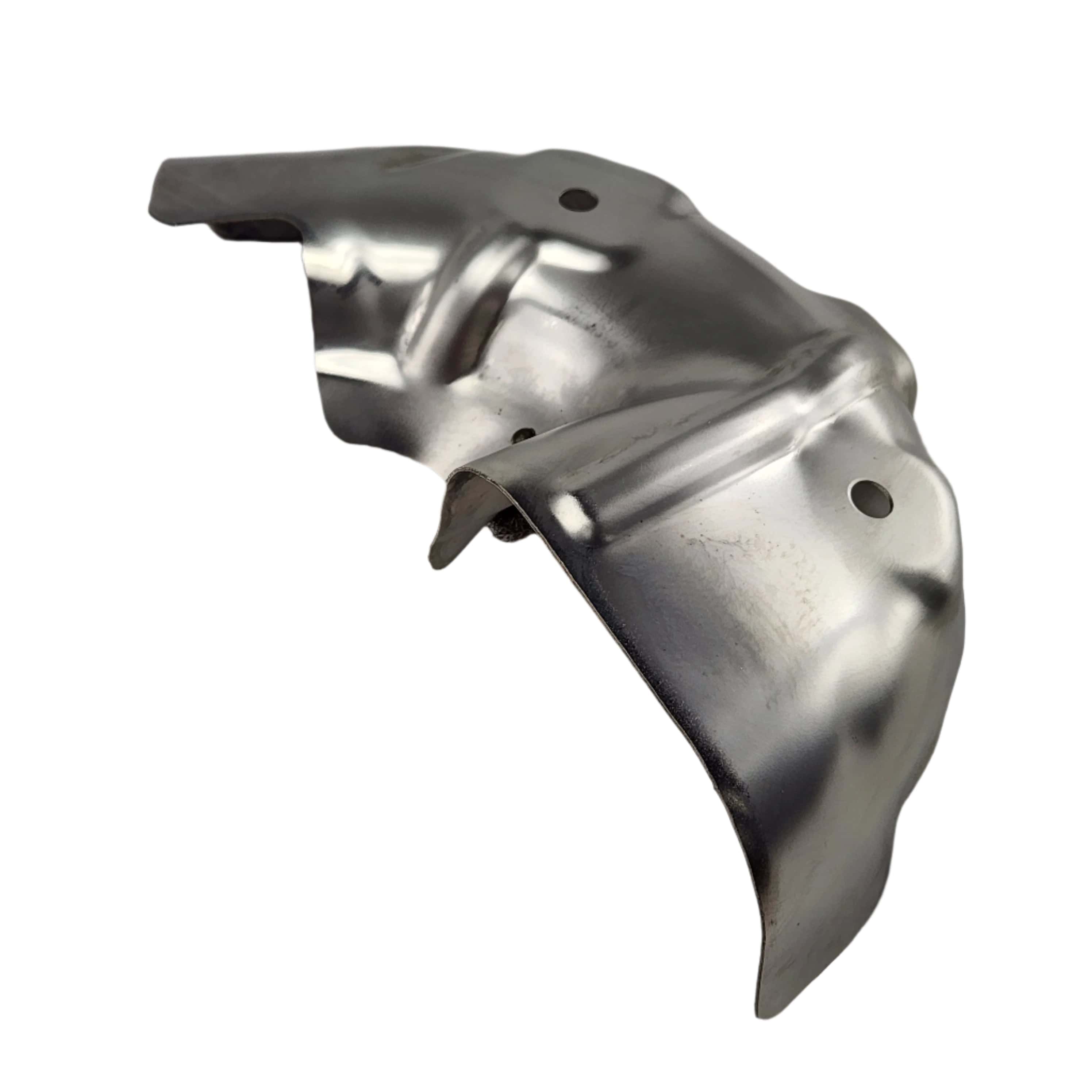 A shiny, silver, curved metal bracket—Asm-Heat-Shield Rear by Polaris—with bends, ridges, and three circular holes is shown against a white background.