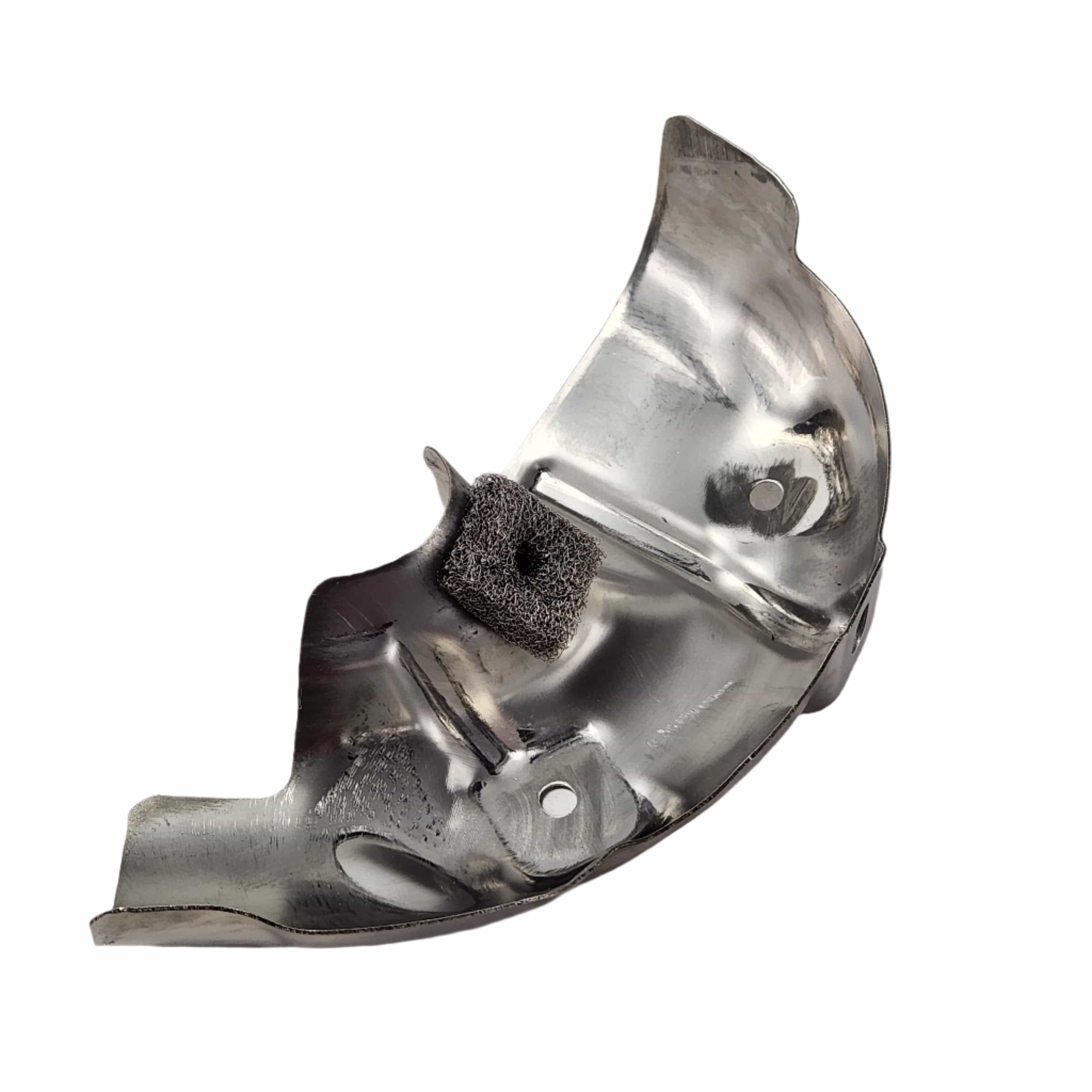 The Asm-Heat-Shield Rear by Polaris is a curved metallic automotive part with a shiny finish. It has several bends, welded sections, two holes, and a textured square center component. The part is shown on a white background.