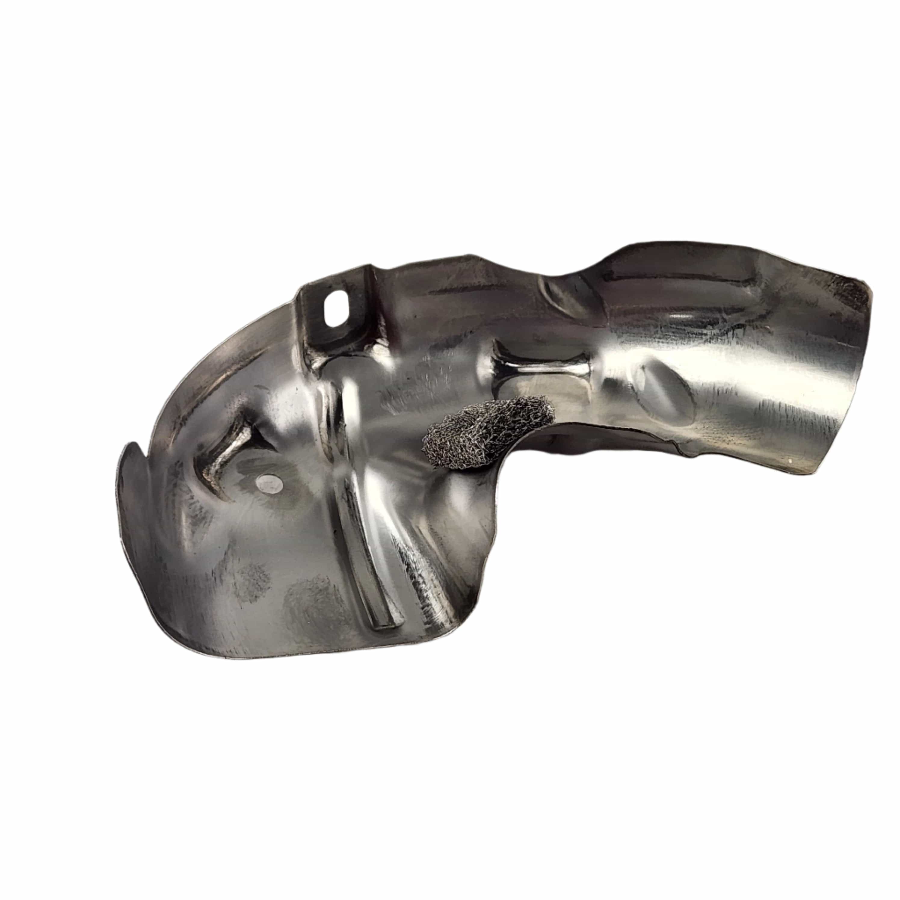 The Asm-Heat-Shield Rear by Polaris is a shiny, metallic OEM part for Indian motorcycles, featuring curved and angular surfaces, a bolt hole, and a smooth reflective finish, shown isolated on a white background.