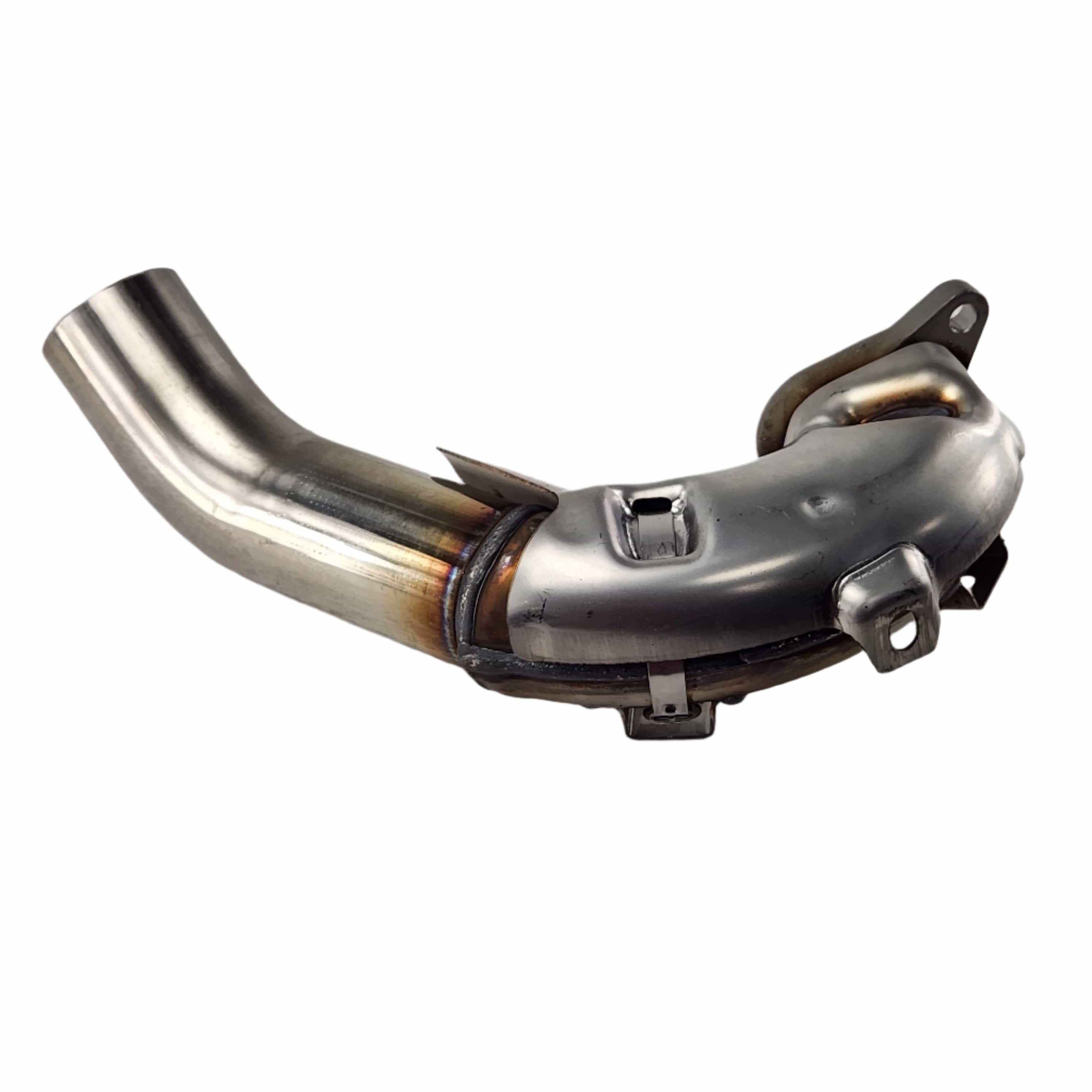 Asm-Headpipe Rear by Polaris: a curved metal exhaust pipe with welded joints and mounting brackets for Indian motorcycles, shown on a white background. Perfect OEM replacement part for Indian models.