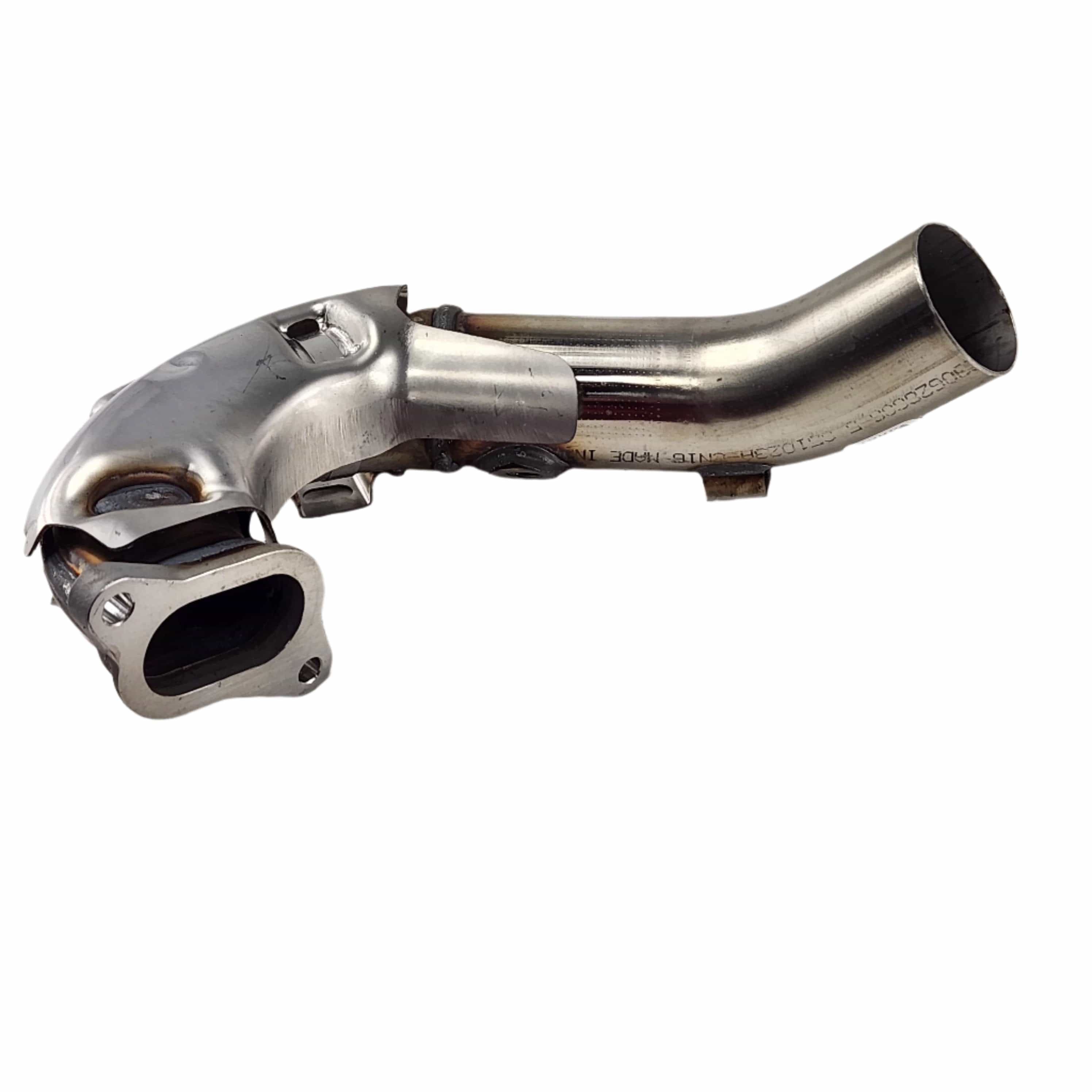The Asm-Headpipe Rear by Polaris is a curved metal automotive exhaust pipe with welded joints and a mounting flange. Its clean, polished surface makes it ideal for replacing OEM parts in Indian motorcycles.