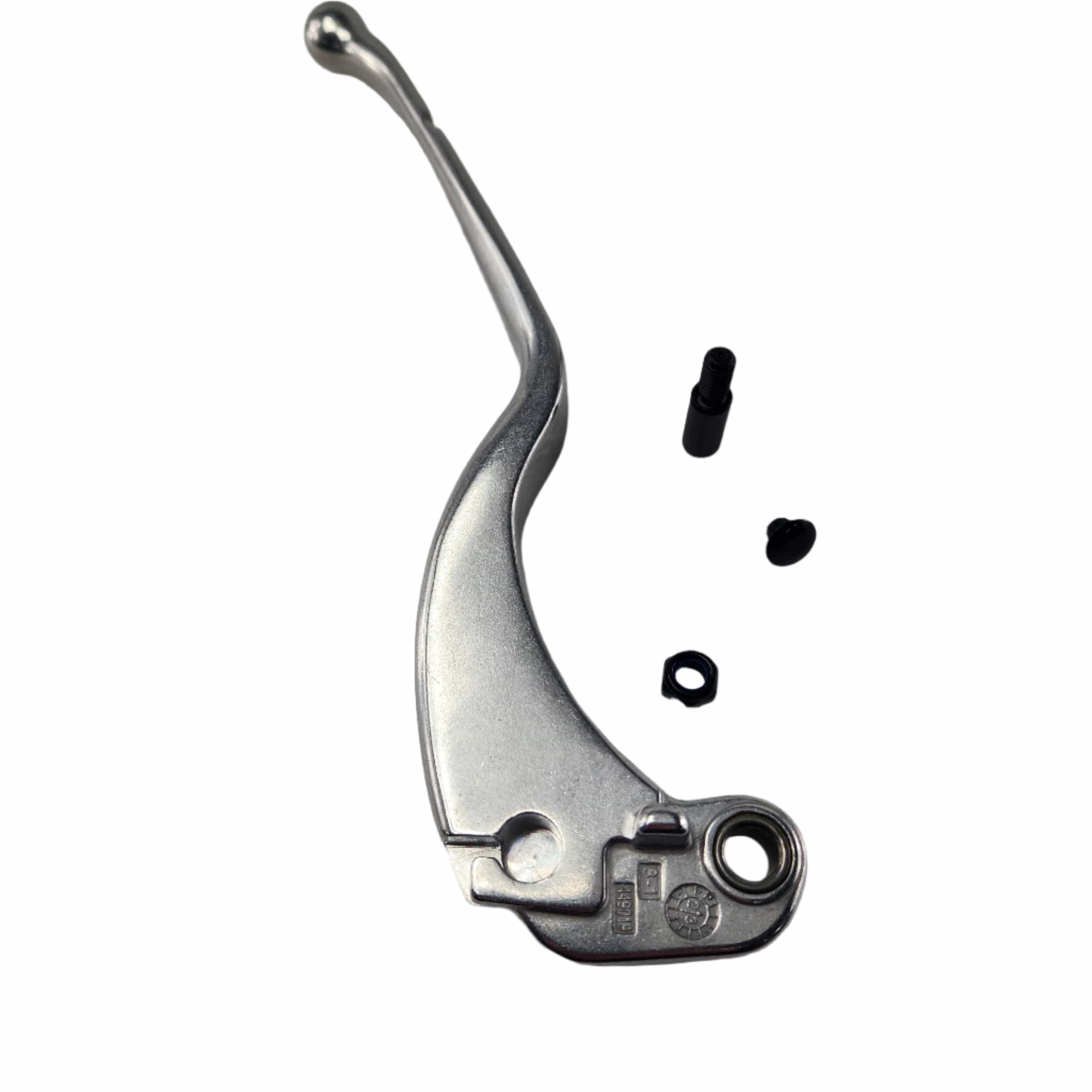 A silver metal Lever Kit [Incl. 3,6,8,13] by Polaris with two small black components and a black nut on a white background—ideal for those seeking genuine OEM Indian motorcycle parts.