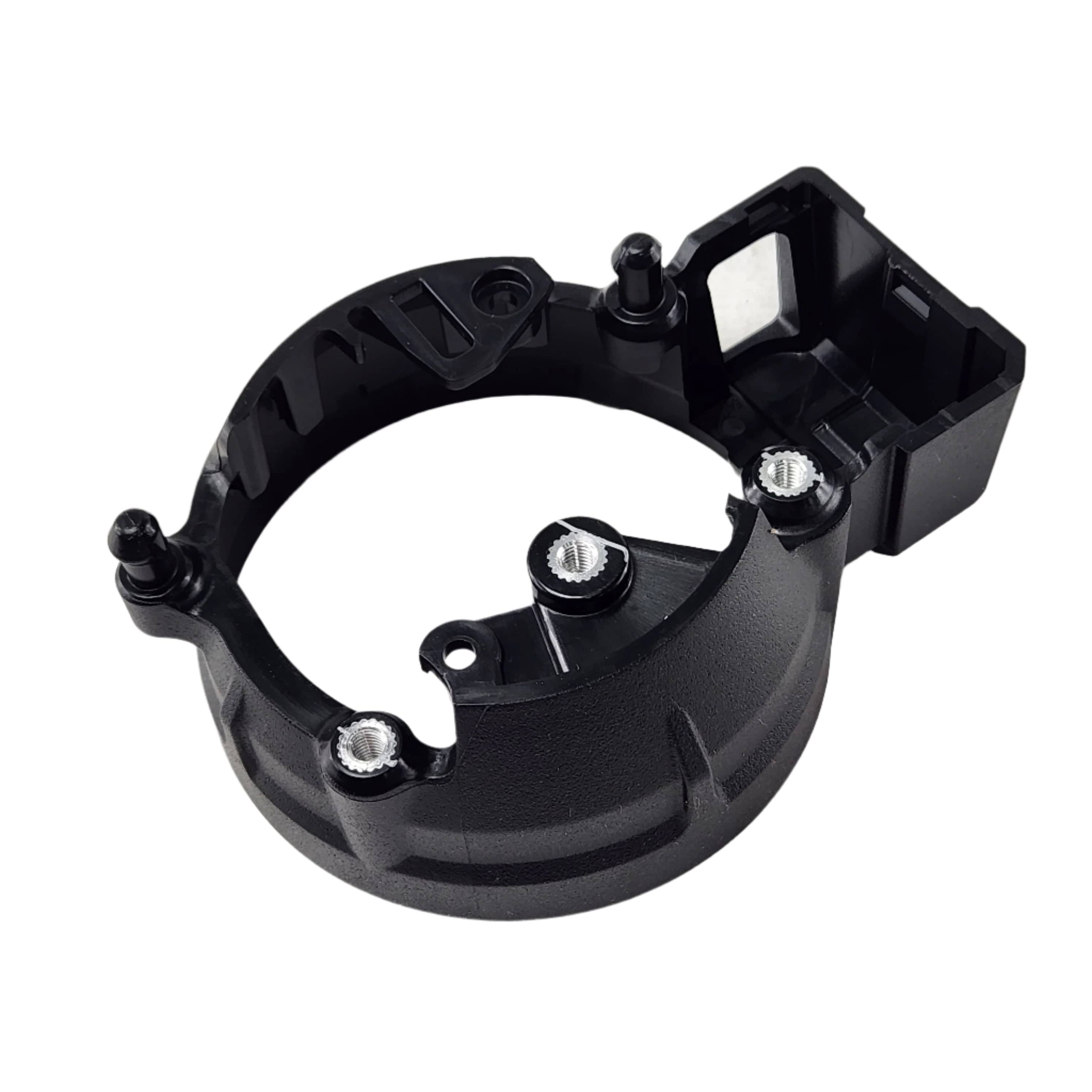 The Housing-Speedo by Polaris is a black plastic mounting bracket featuring three metal inserts and an attached rectangular section—ideal for those seeking genuine OEM Indian motorcycle parts at BuyWitchDoctors.com.