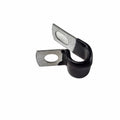 The Clamp-Rear Brake by Polaris is a metal P-clamp with a black rubber coating and two flat, holed ends for screws, designed to secure cables or pipes on Victory motorcycles. Shown on a white background; fits as an OEM Victory Polaris part.