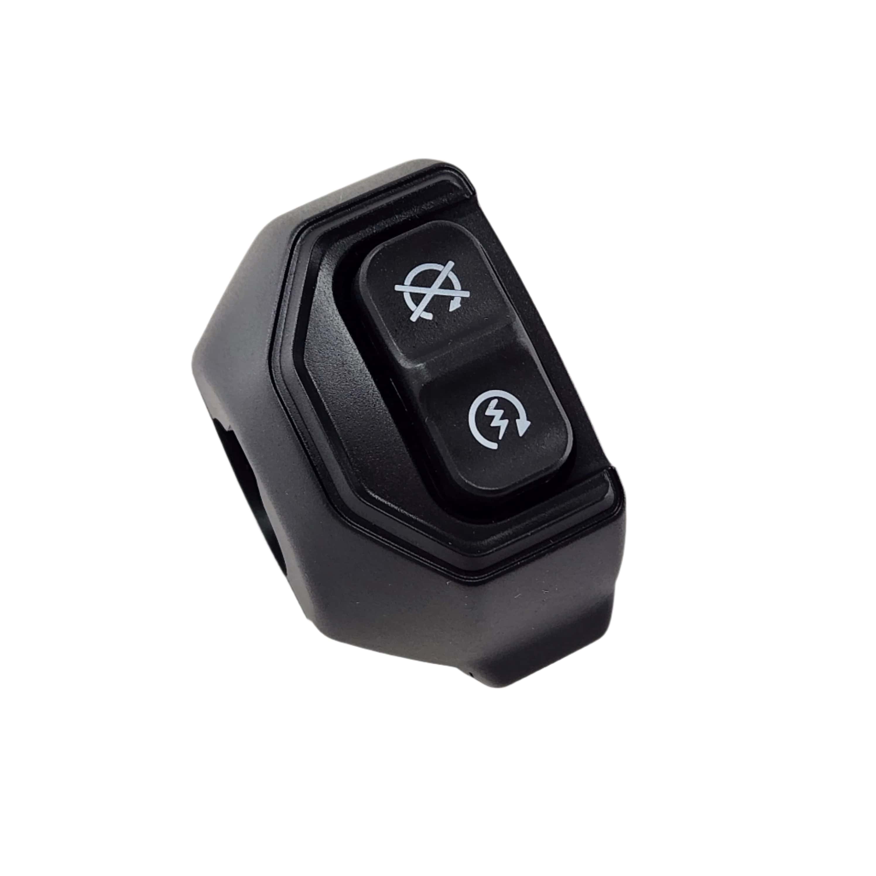 The Assembly Hndswtch 7/8 Base RH by Polaris is a black plastic OEM handlebar switch for Indian motorcycles with two white-symbol buttons: the upper shows an X over a horn, and the lower features a lightning bolt icon.