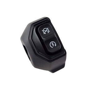 The Assembly Hndswtch 7/8 Base RH by Polaris is a black plastic OEM handlebar switch for Indian motorcycles with two white-symbol buttons: the upper shows an X over a horn, and the lower features a lightning bolt icon.