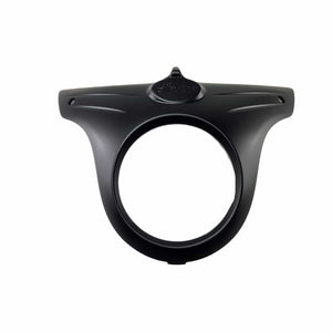 The Bezel-Headlight Paint FBlack by Polaris is a matte black OEM cover with a large circular opening and two small side holes, designed for Indian motorcycles and compatible with Polaris parts.