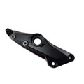 The Frame-Mid LH by Polaris is a black metal part with three mounting holes and a central circular opening, designed for Indian motorcycles and shown against a white background.