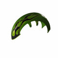 A green Polaris Fender, Front [Built 8/23/12 And After], with black and yellow flame graphics—ideal for those seeking OEM Victory parts. Shown isolated on a white background.