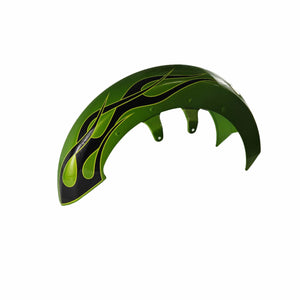 A green Polaris Fender, Front [Built 8/23/12 And After], with black and yellow flame graphics—ideal for those seeking OEM Victory parts. Shown isolated on a white background.