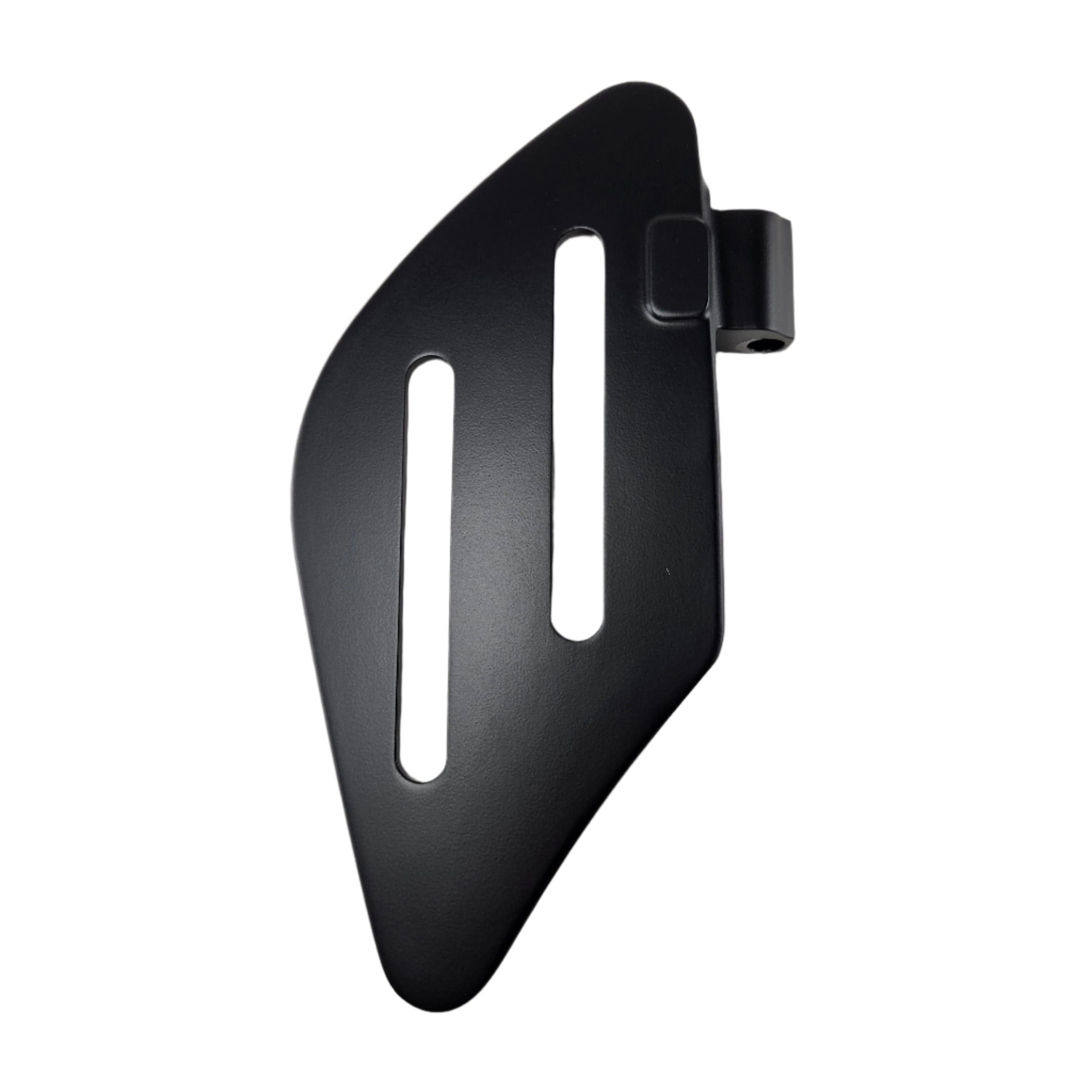 A flat black metal passenger floorboard bracket, right-hand, by Polaris for Victory motorcycles, featuring two elongated slots and a rounded hinge attachment, isolated on a white background.