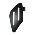 A flat black metal passenger floorboard bracket, right-hand, by Polaris for Victory motorcycles, featuring two elongated slots and a rounded hinge attachment, isolated on a white background.