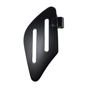 A flat black metal passenger floorboard bracket, right-hand, by Polaris for Victory motorcycles, featuring two elongated slots and a rounded hinge attachment, isolated on a white background.