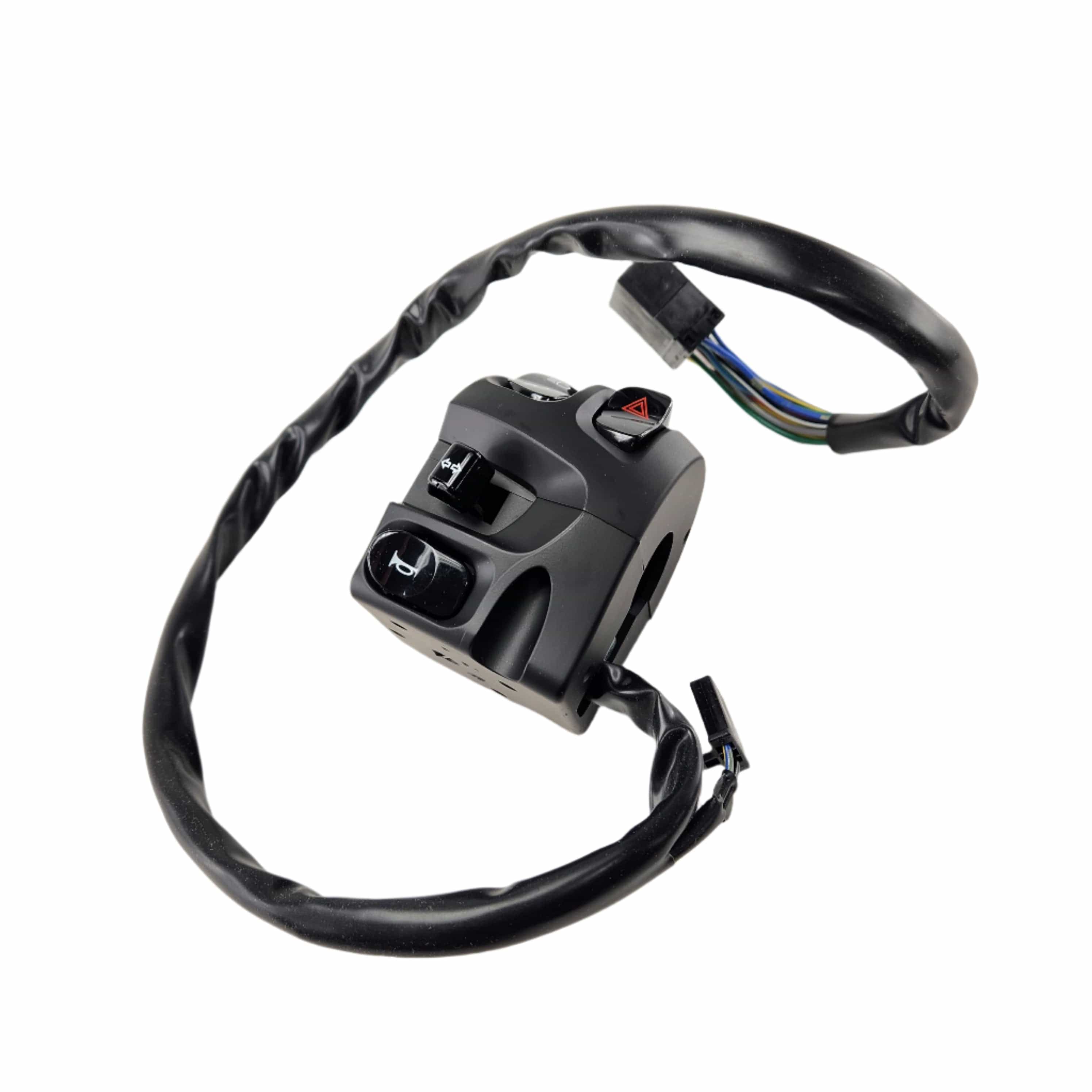 A black Switch, Control, Lh by Polaris for Victory motorcycles, featuring buttons and a wired connector, with the wiring coiled around the switch assembly and displayed against a white background.
