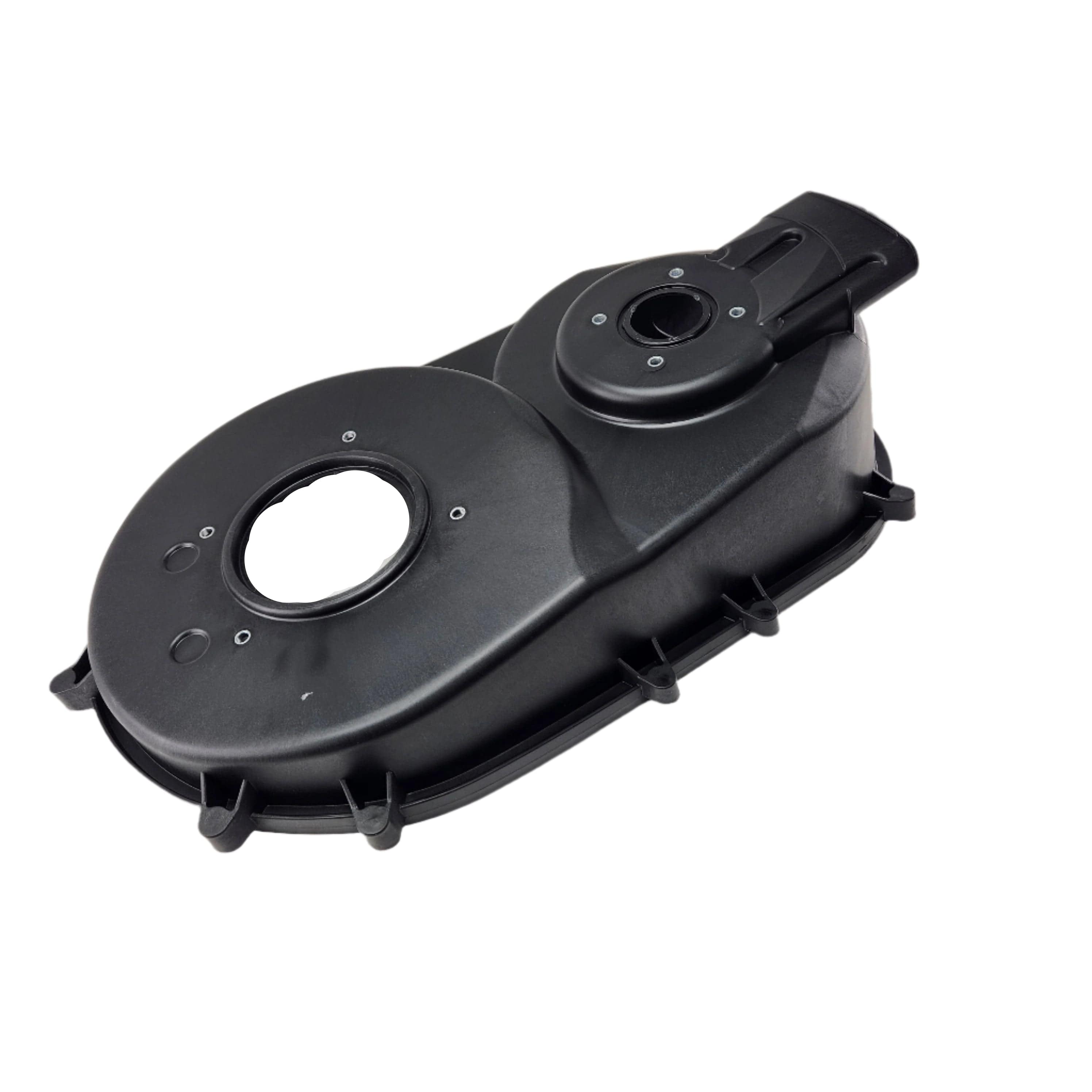 The CVT Air Guide by Can-Am is a black, oval-shaped plastic engine cover with two circular openings and multiple attachment points, perfect for those seeking quality ATV replacement parts. Set against a white background.