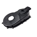 The CVT Air Guide by Can-Am is a black, oval-shaped plastic engine cover with two circular openings and multiple attachment points, perfect for those seeking quality ATV replacement parts. Set against a white background.