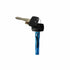 Two metal keys with black plastic heads are attached to a keyring with a blue holder. Designed for the Polaris Ignition Switch/Fuel Cap, Black. The background is plain white.