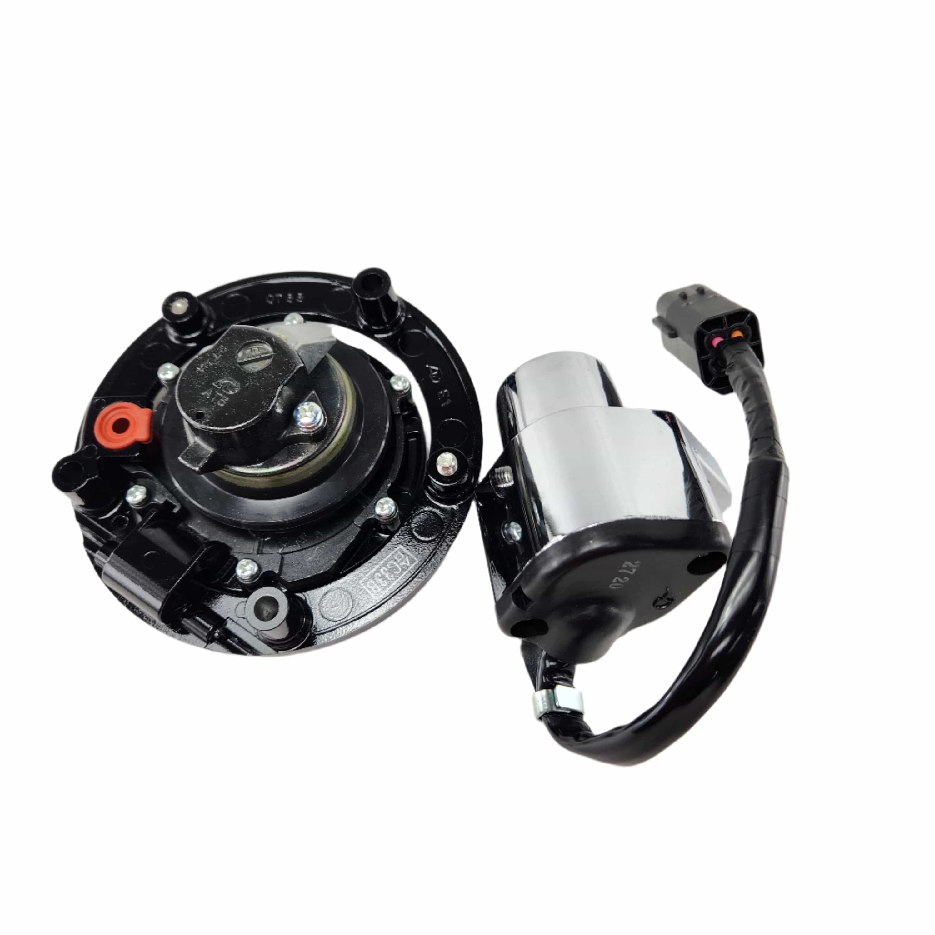 Close-up of a Polaris Ignition Switch/Fuel Cap in black, showing attached wiring, connector, round component with screws, and cylindrical piece on a white background.