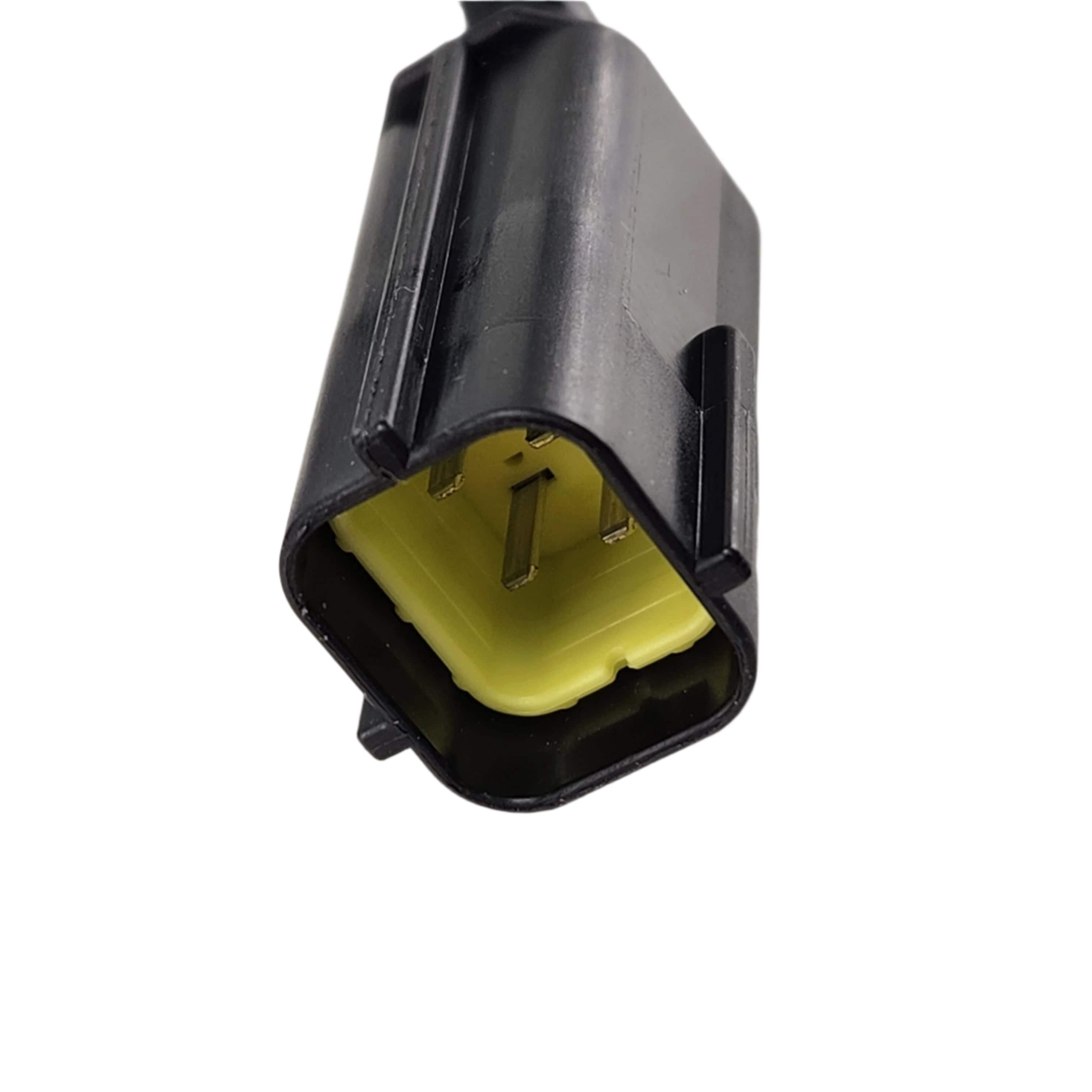 Close-up of the Ignition Switch/Fuel Cap, Black by Polaris, featuring a black connector with a yellow interior and three metal pins, commonly used in Victory motorcycle ignition systems, photographed on a white background.