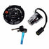 The Polaris Ignition Switch/Fuel Cap set in black includes a fuel cap, ignition switch with wiring, and two keys—one blue, one black—shown on a white background.