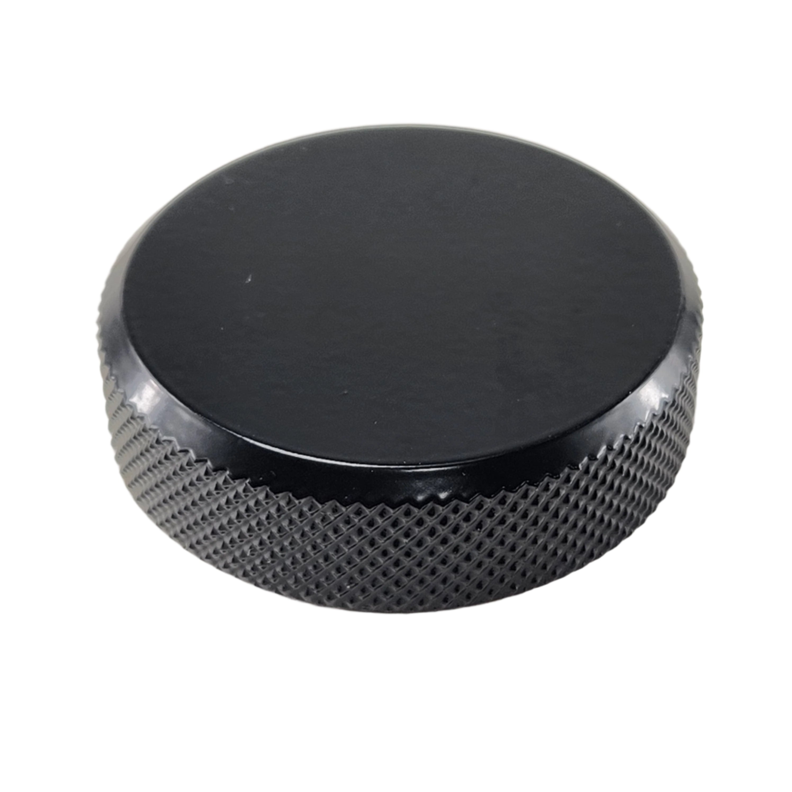The Rear Master Cylinder Cap Plain Black Style by Witchdoctors is a round, black billet aluminum knob with a knurled edge, shown on a white background.