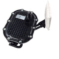 A black Pump-Fuel by Polaris, featuring a rectangular mesh-patterned cover, several bolts, attached wiring, and a white side component resembling an airbag.
