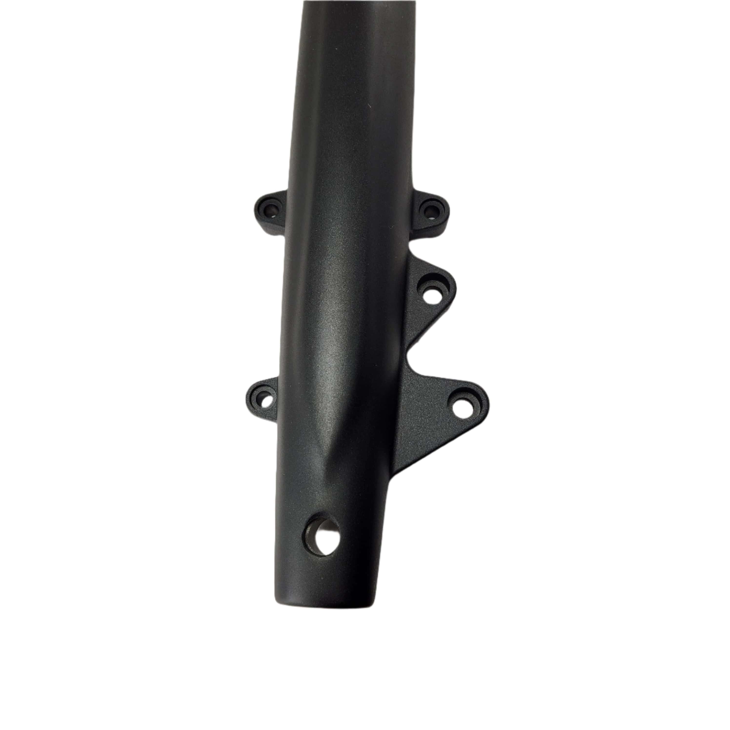 The Assembly Fork Leg LH FBlack by Polaris is a black cylindrical metal bracket with four mounting holes, designed as an OEM part for Indian motorcycles and shown isolated on a white background.