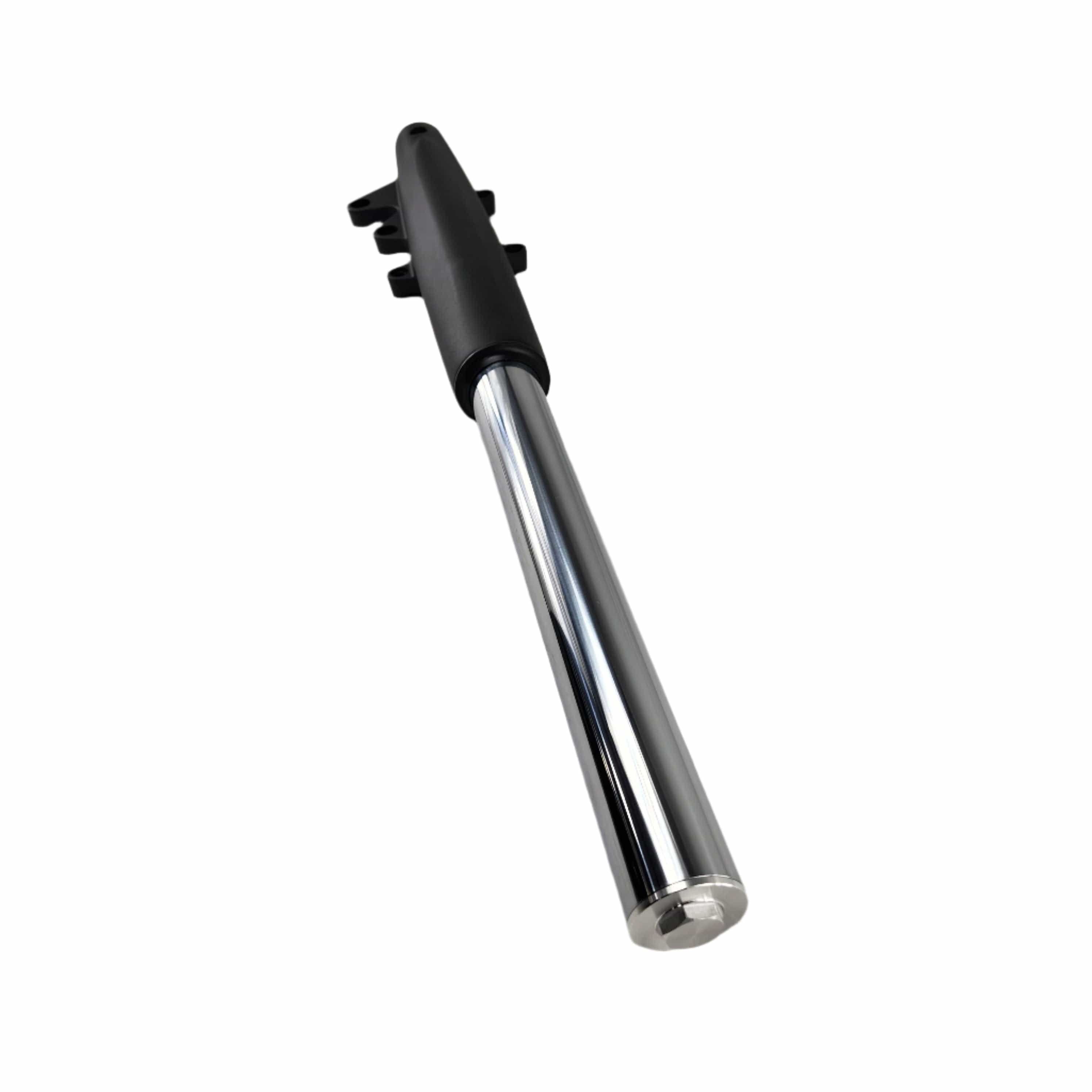 The Assembly Fork Leg LH FBlack by Polaris, featuring a chrome tube with a black top, is shown on a white background. Compatible with OEM Indian Polaris parts—ideal for those seeking genuine replacement for their Indian motorcycle.