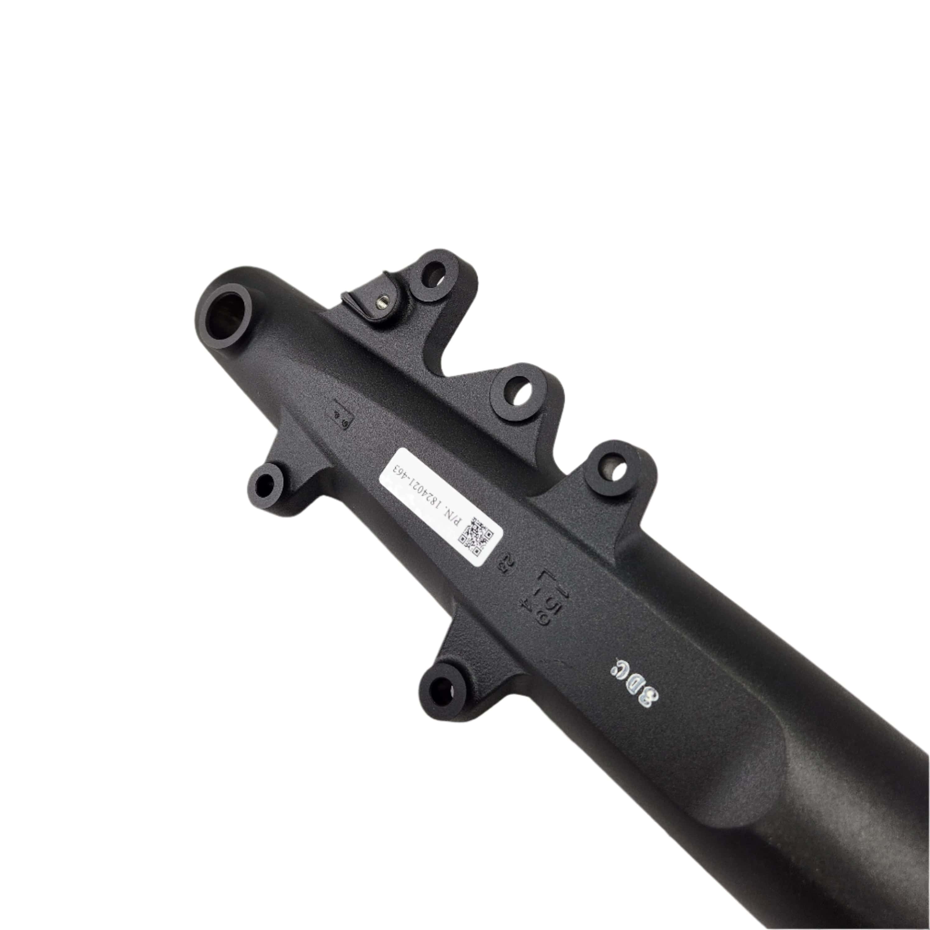 The Assembly Fork Leg LH FBlack by Polaris is a black metal component for Indian motorcycles, with multiple mounting points and an OEM Indian Polaris parts barcode sticker, displayed against a plain white background.