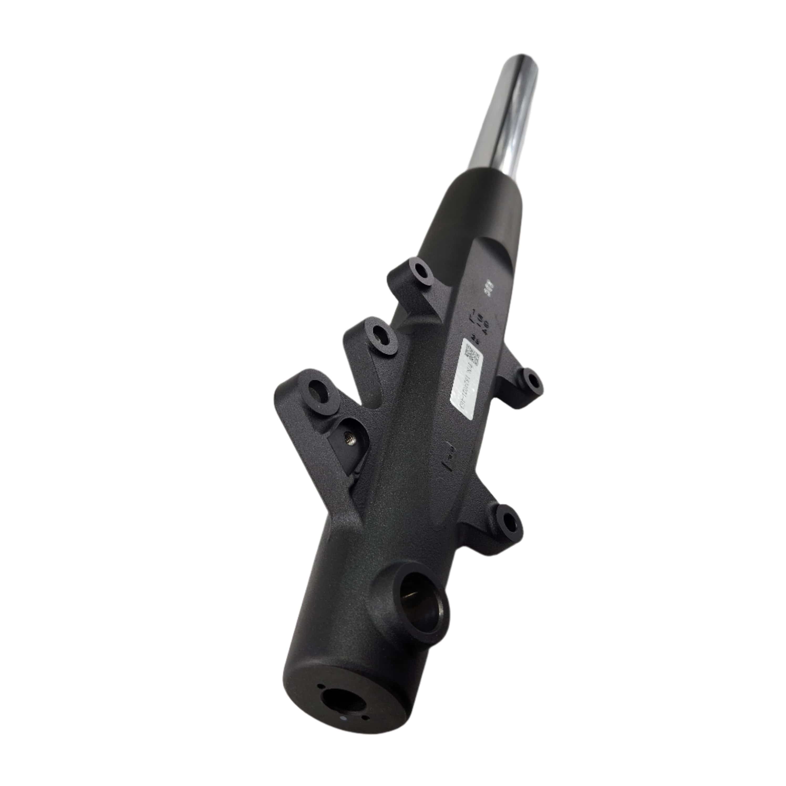 A close-up of the Assembly Fork Leg LH FBlack by Polaris, showing its black cylindrical body with mounting points and a shiny metal shaft, isolated on white. Ideal for OEM replacement of Indian Polaris motorcycle parts.